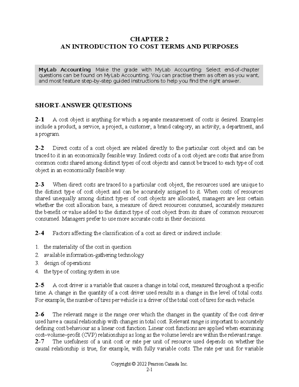CH 2: Introduction to Cost Terms and Purposes - Study Notes - Studocu