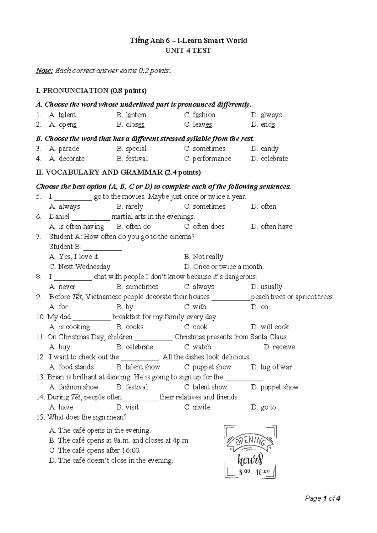 604992382 Tieng Anh 6 Smart World Unit 4 Test - Tiếng Anh 6 – i-Learn ...