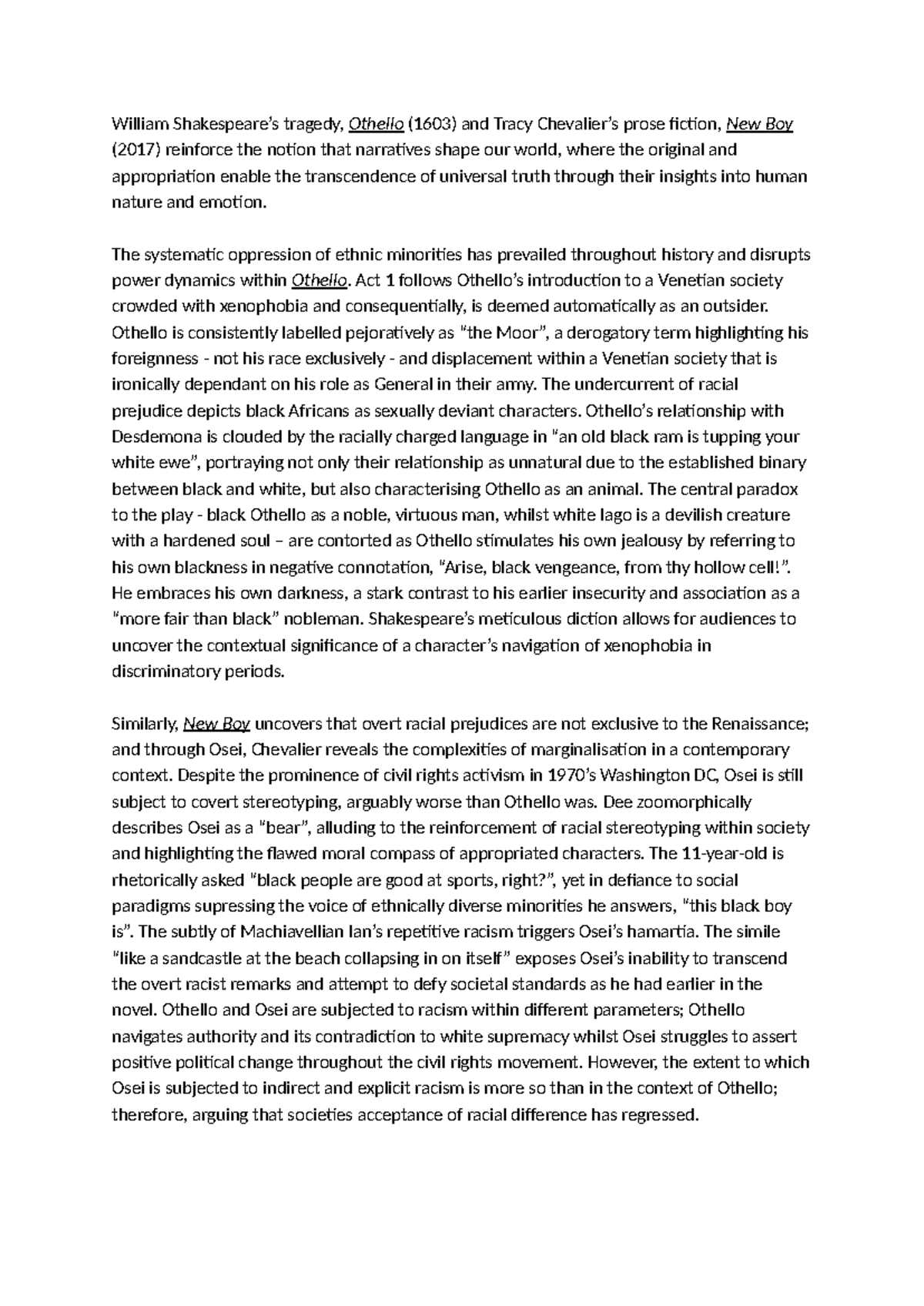 Comparative Essay: Othello (1603) & New Boy (2017) on Racism - Studocu