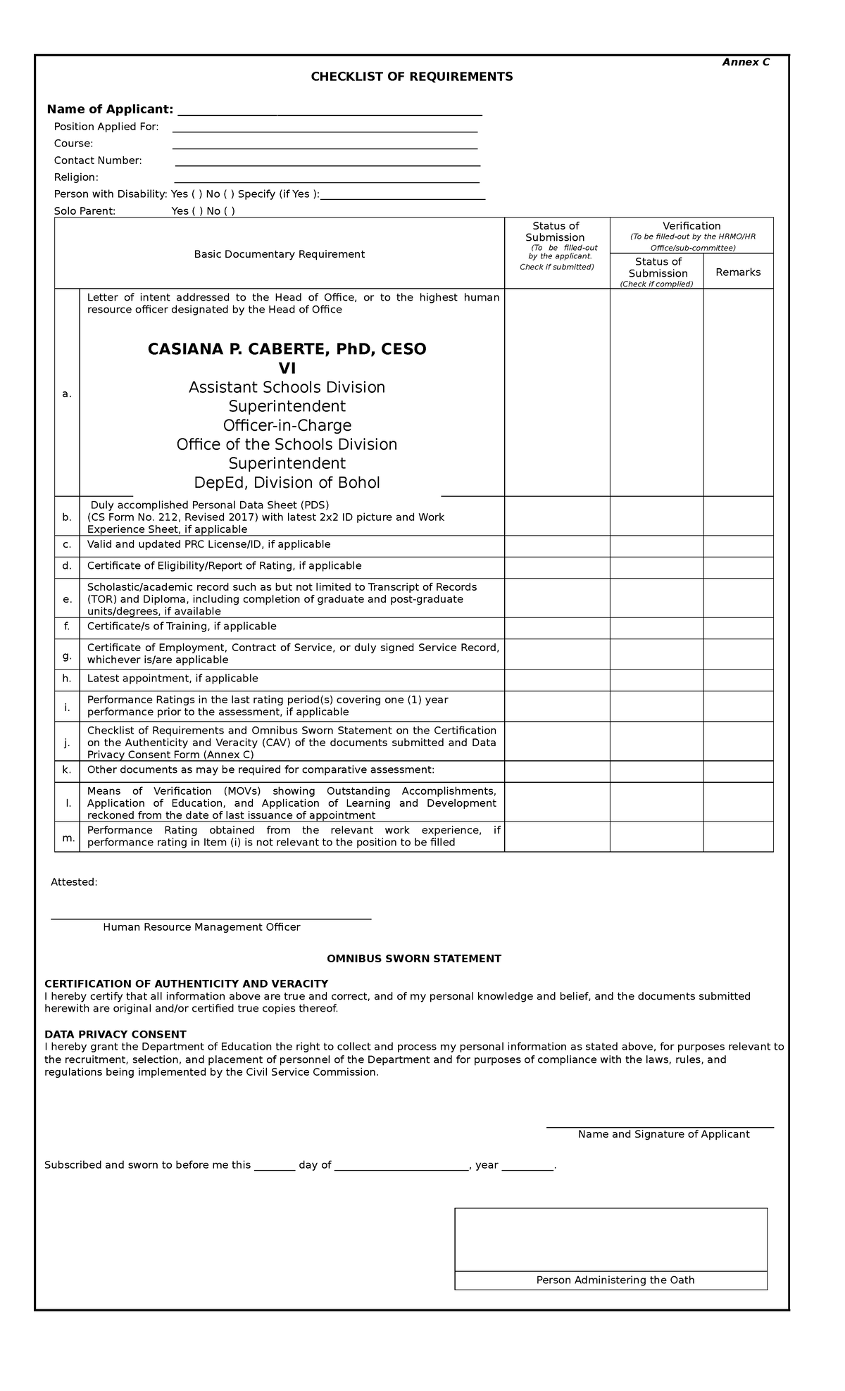 Checklist of Requirements for Position Application - Annex C - Studocu