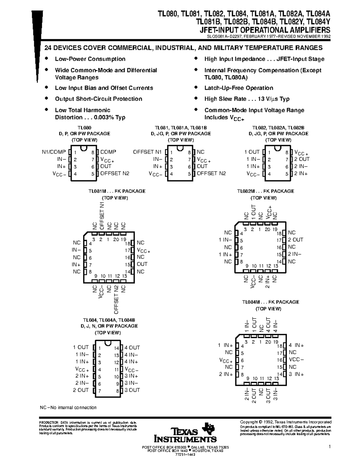 TL080, TL081, TL082, TL084 Operational Amplifiers Datasheet - Feb 1992 ...