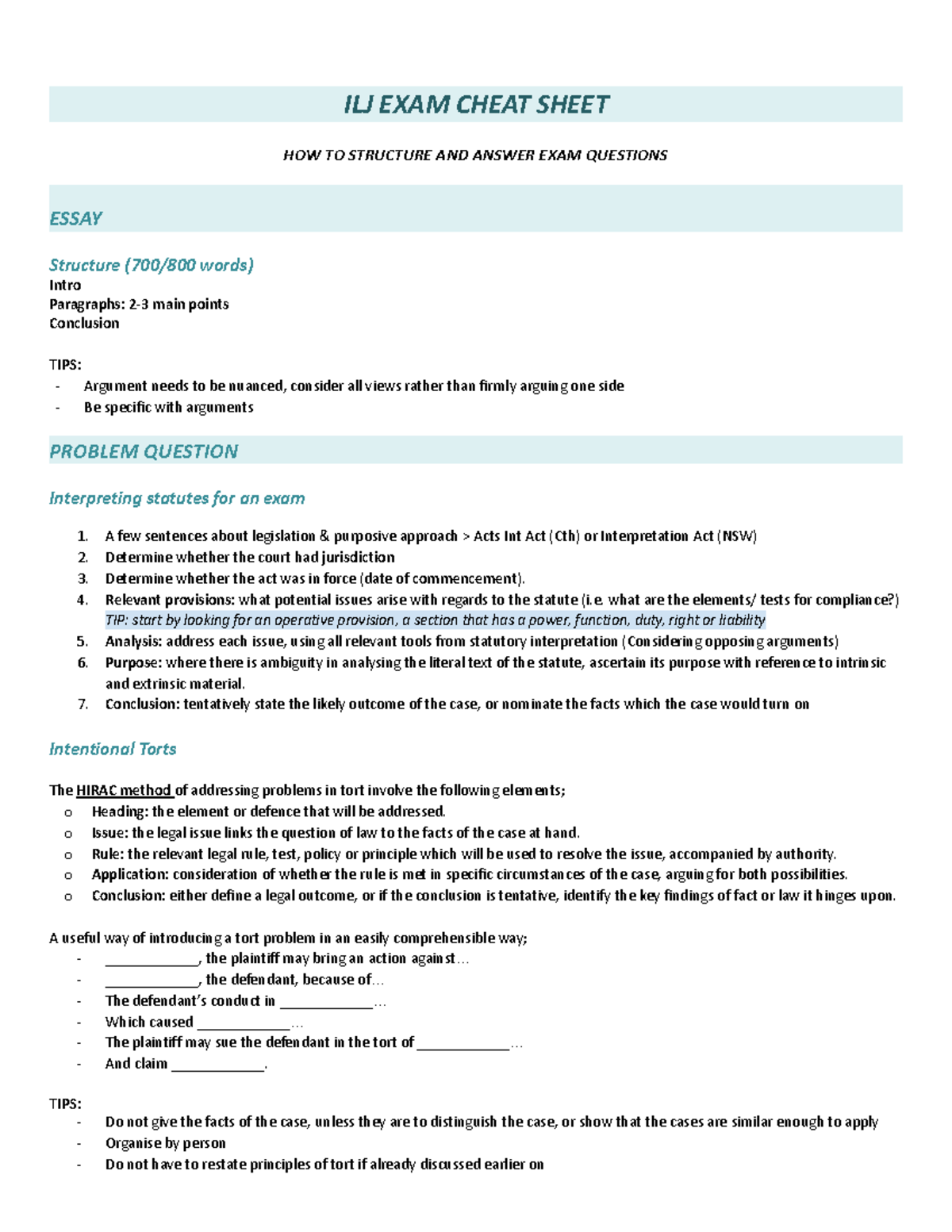 ILJ EXAM Cheat Sheet: Structuring and Answering Essay Questions - Studocu