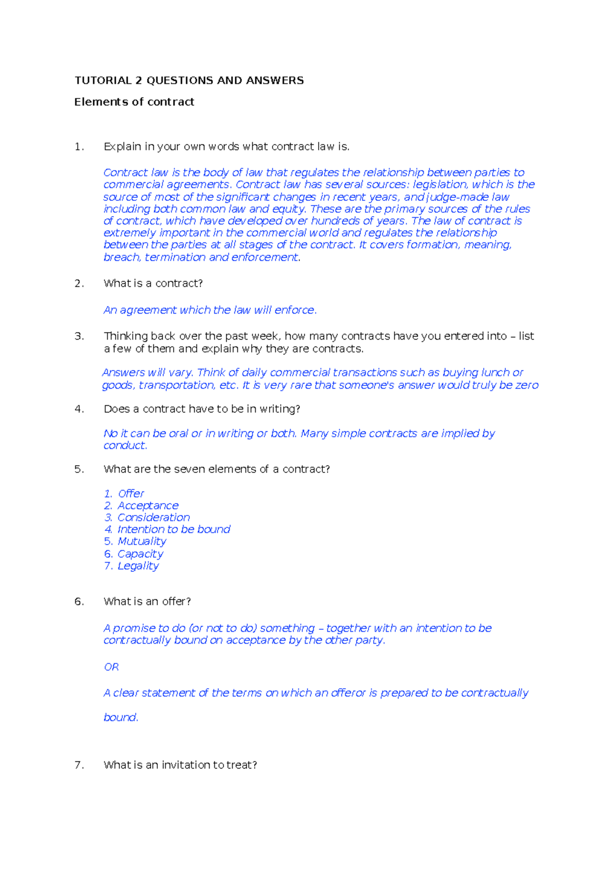 BU1112 Tutorial 2 & 3 Contract Law Q&A - Study Guide for Exams - Studocu