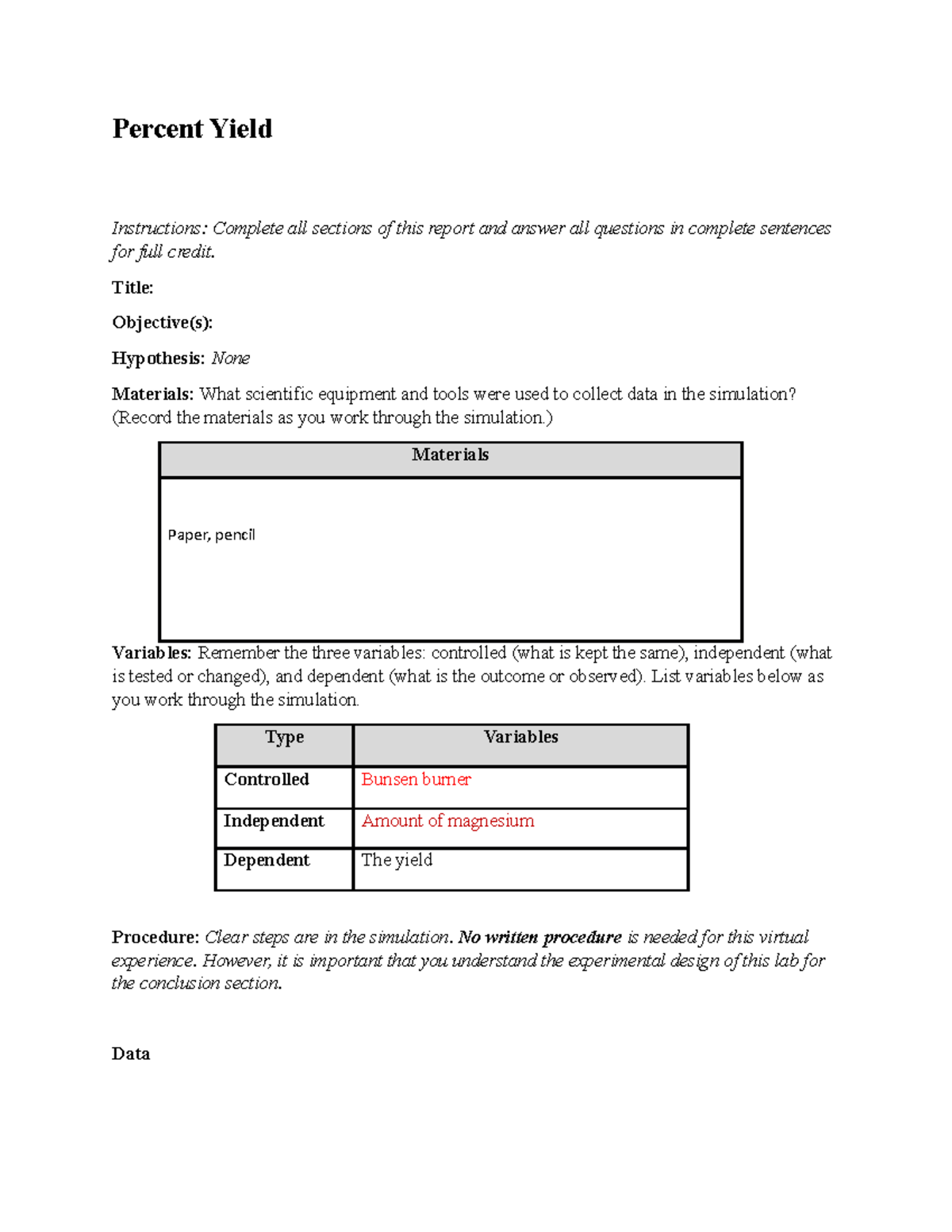 Document 12 - Lab Report on Percent Yield in Chemistry Experiment - Studocu