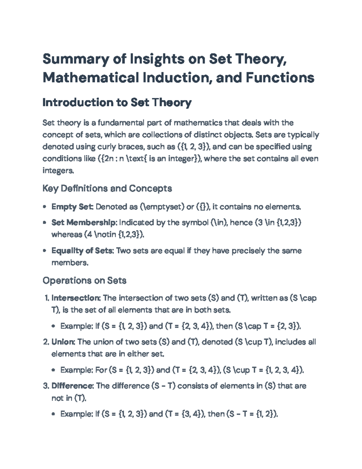Summary of Set Theory, Mathematical Induction, and Functions Concepts ...