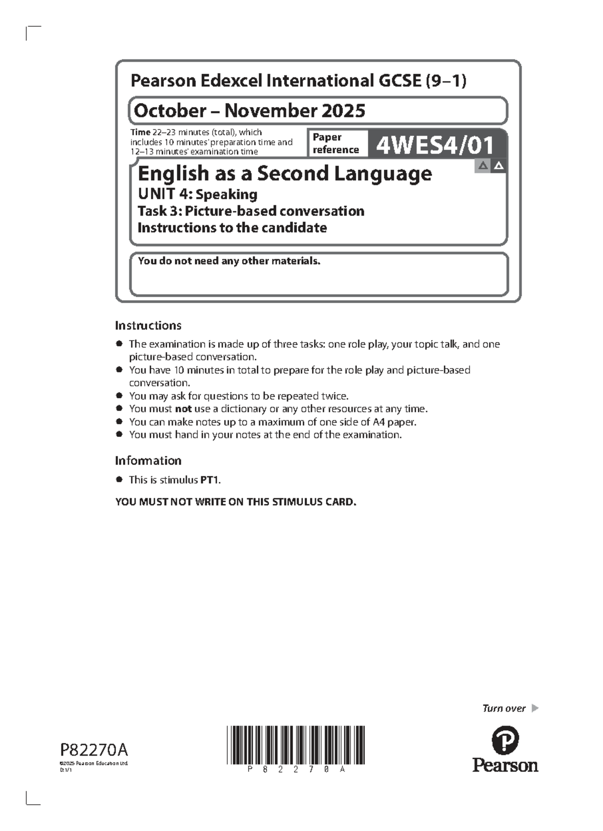 International GCSE ESL UNIT 4: Speaking Task 3 Guidelines - Studeersnel