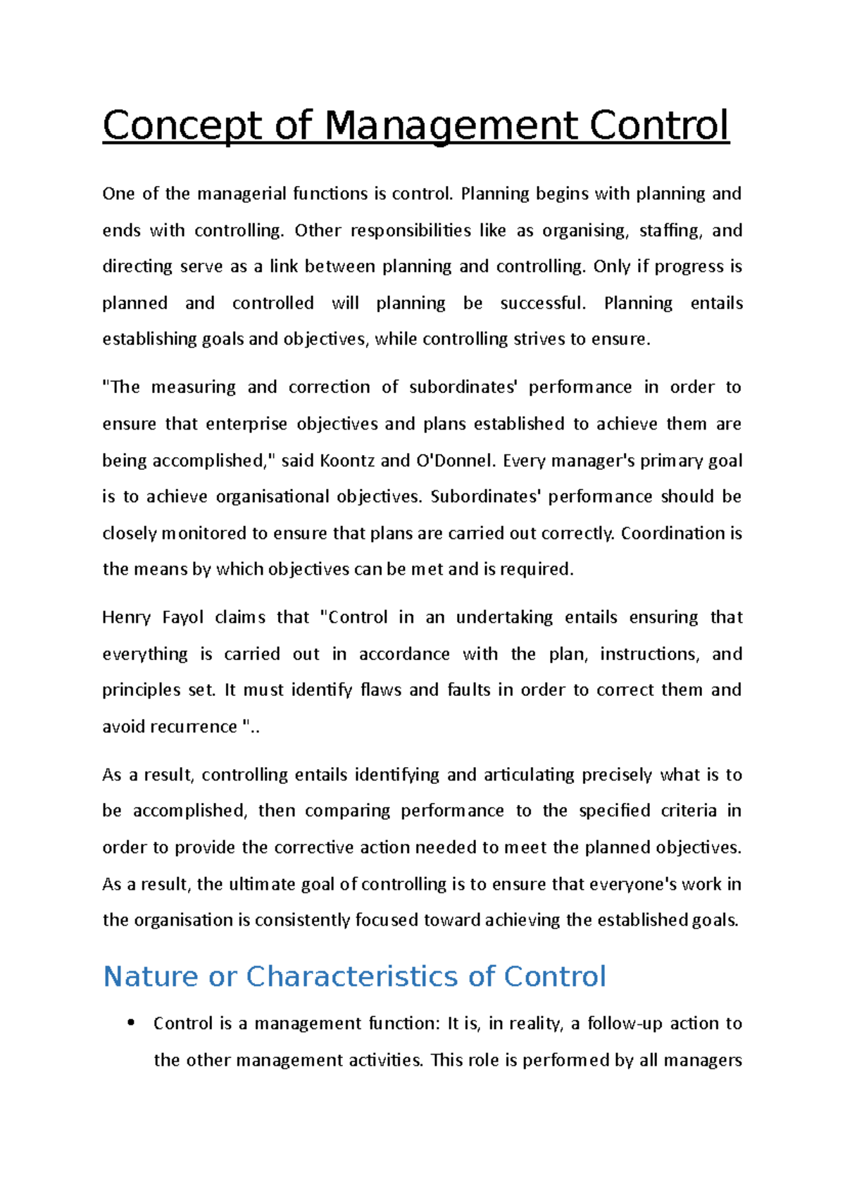 Concept of Management Control - Planning begins with planning and ends ...