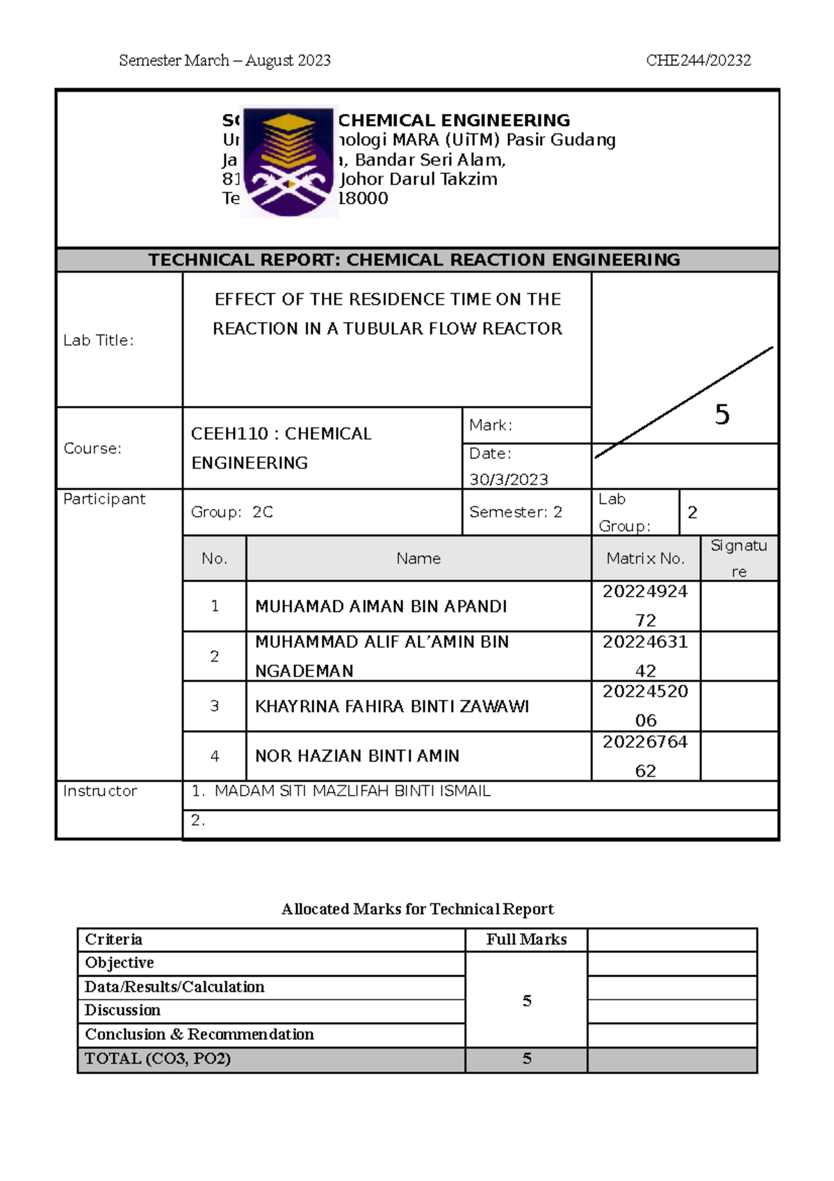 Effect of Residence Time on Reaction in TFR - CEEH110 Lab Report - Studocu