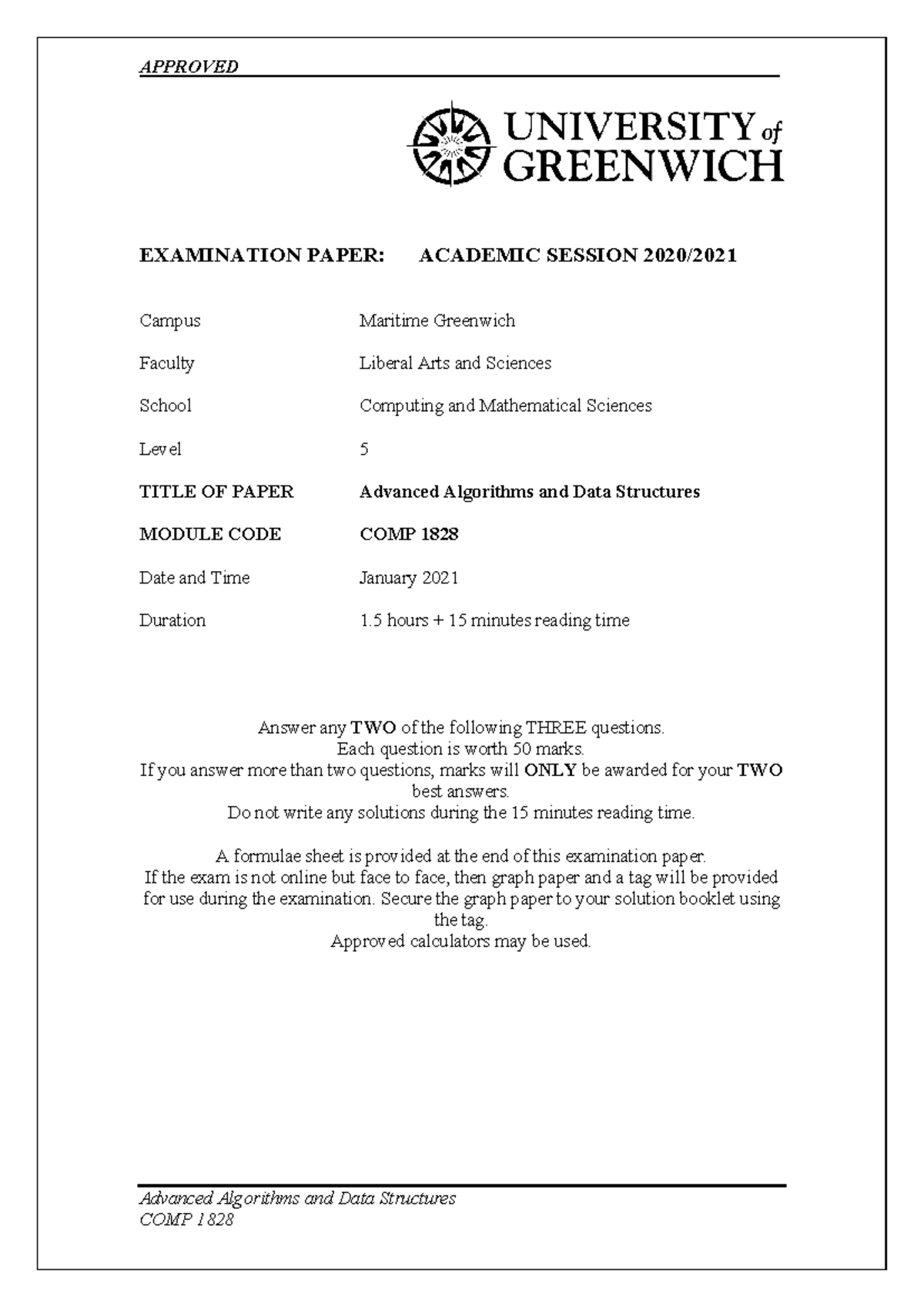 COMP1828 ADVANCED ALGORITHMS & DATA STRUCTURES FINAL EXAM JAN 2021 ...