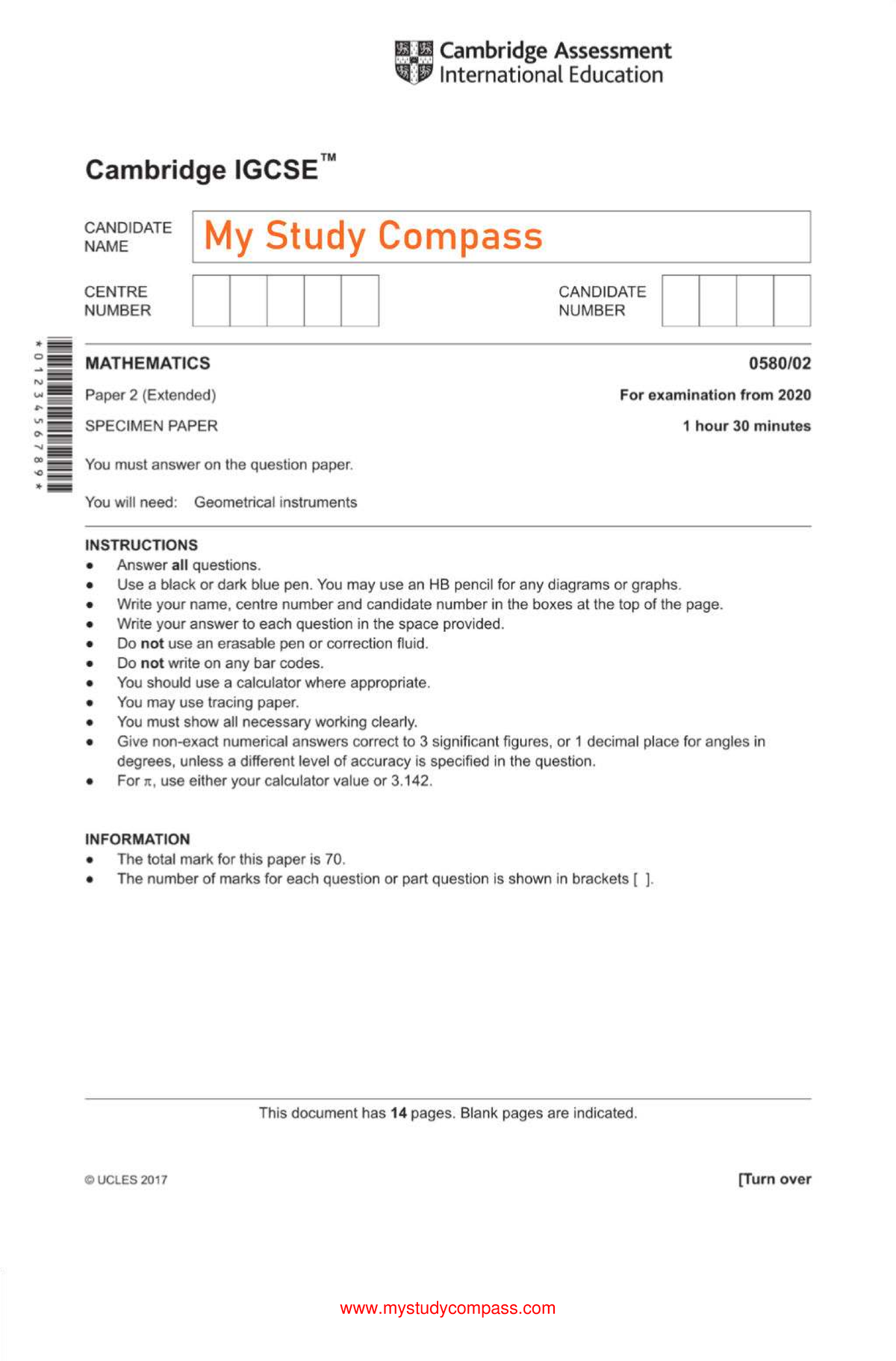 Cambridge IGCSE Mathematics (Extended) Paper 2 Specimen Exam 2020 - Studocu