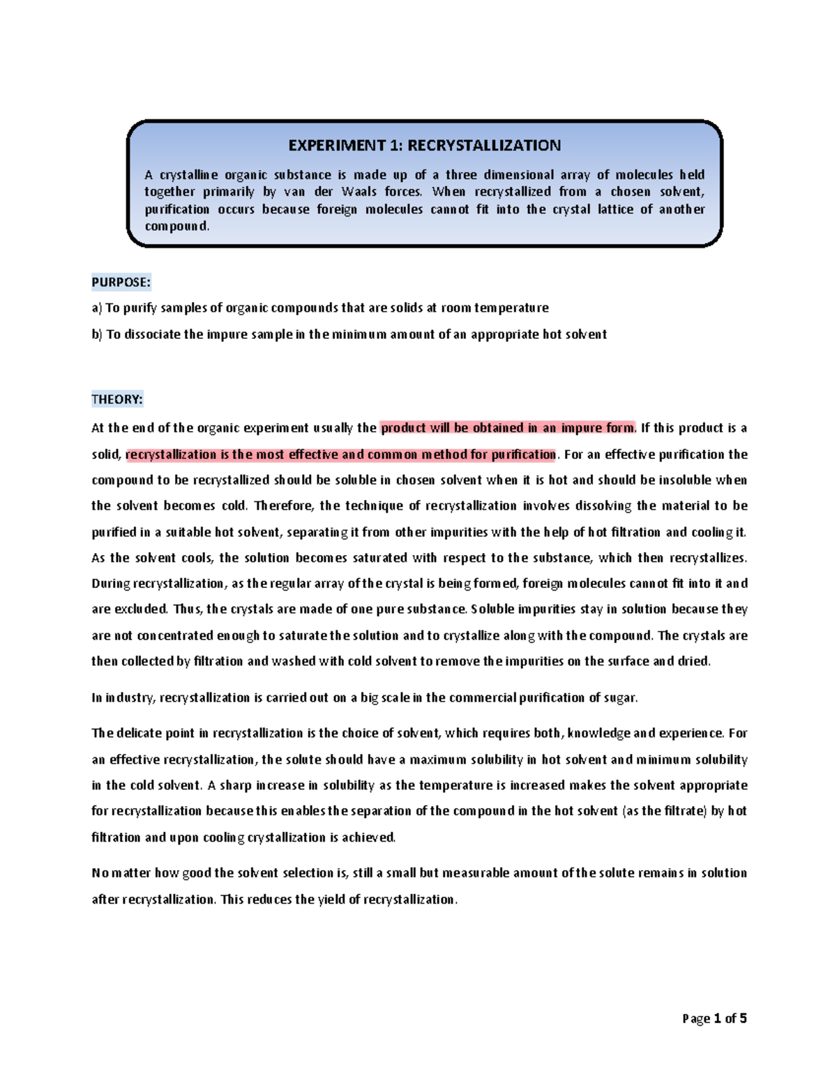Experiment 1: Recrystallization of Benzoic Acid Lab Manual - Studocu