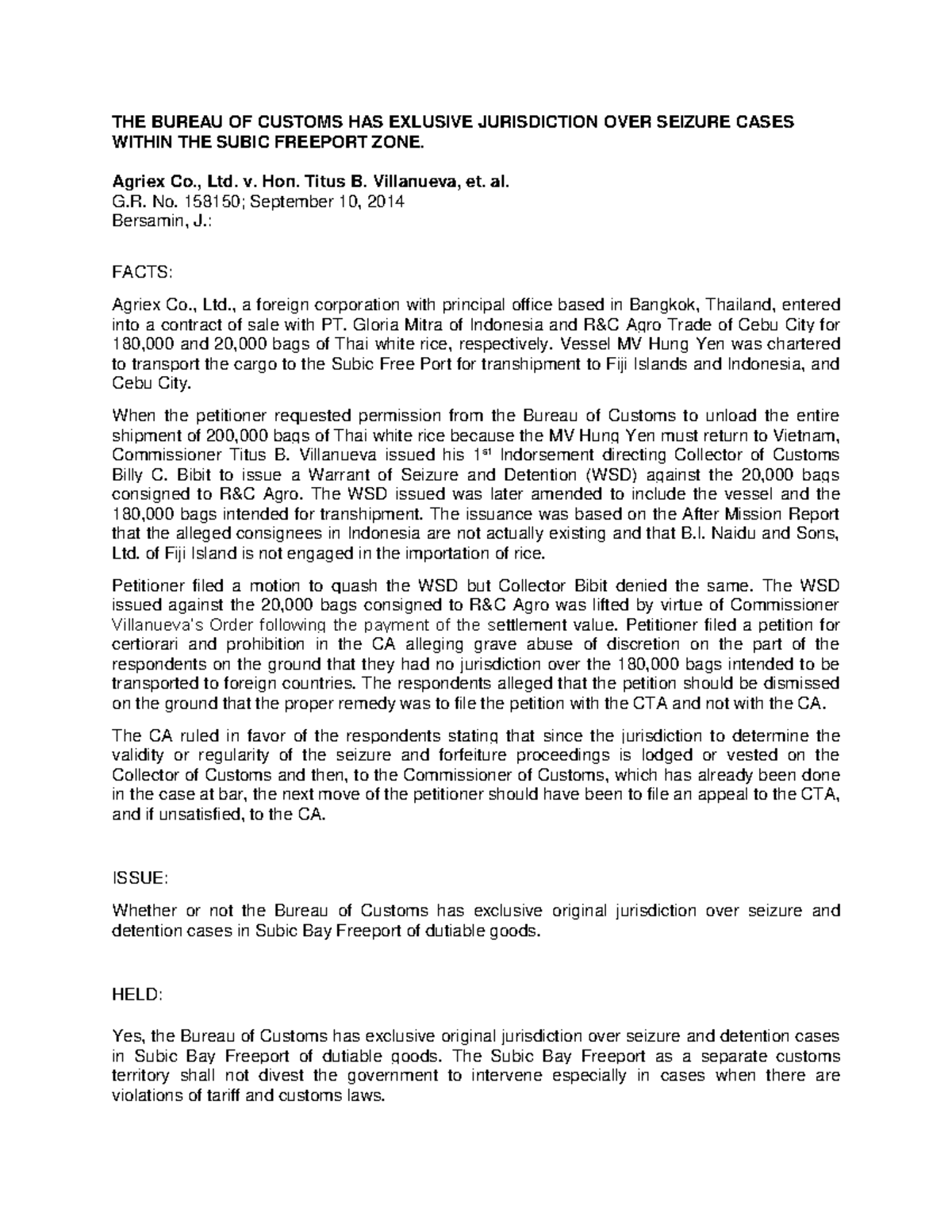 Agriex Co. Ltd. vs Villanueva: Exclusive Jurisdiction Over Customs ...