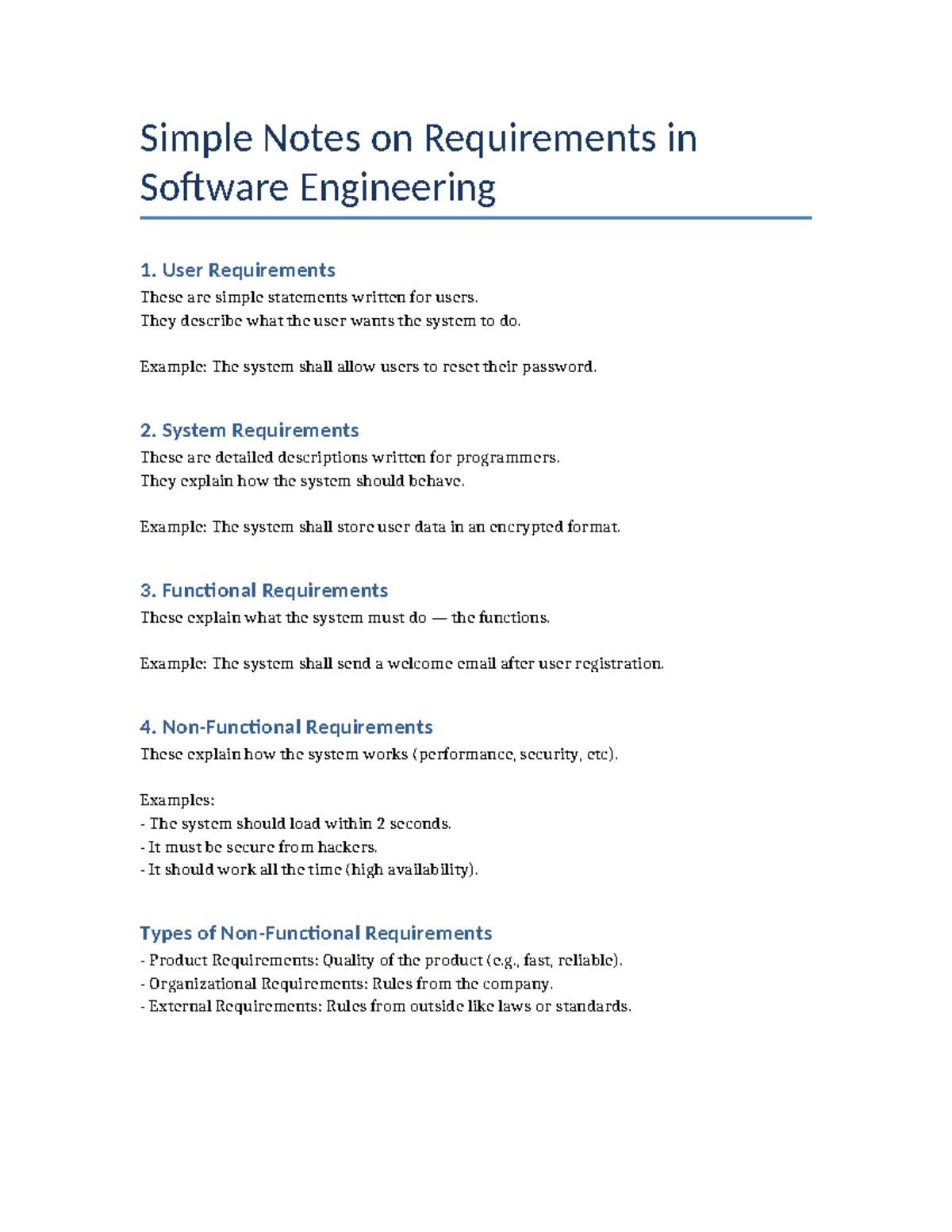 Software Engineering Requirements Notes: User, System, Functional Types ...