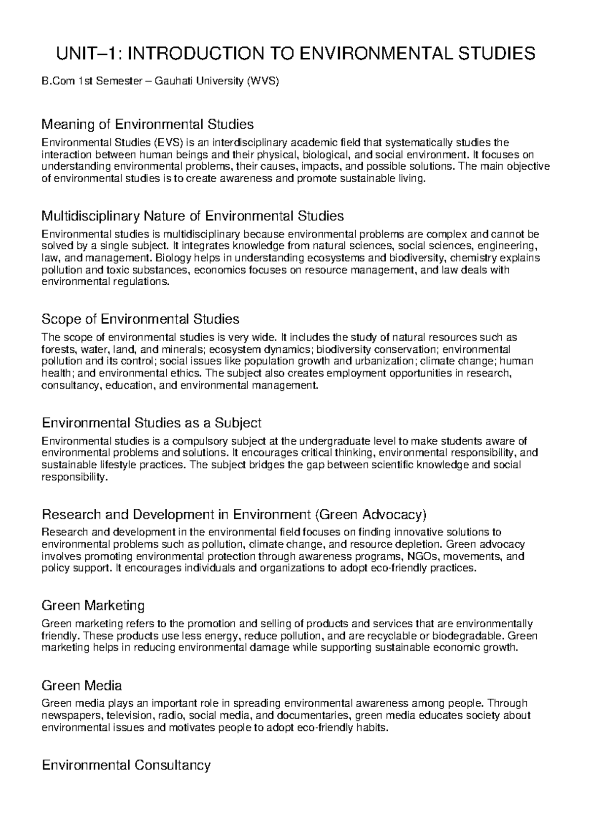 Unit 1: Introduction to Environmental Studies - B.Com 1st Sem (GU ...