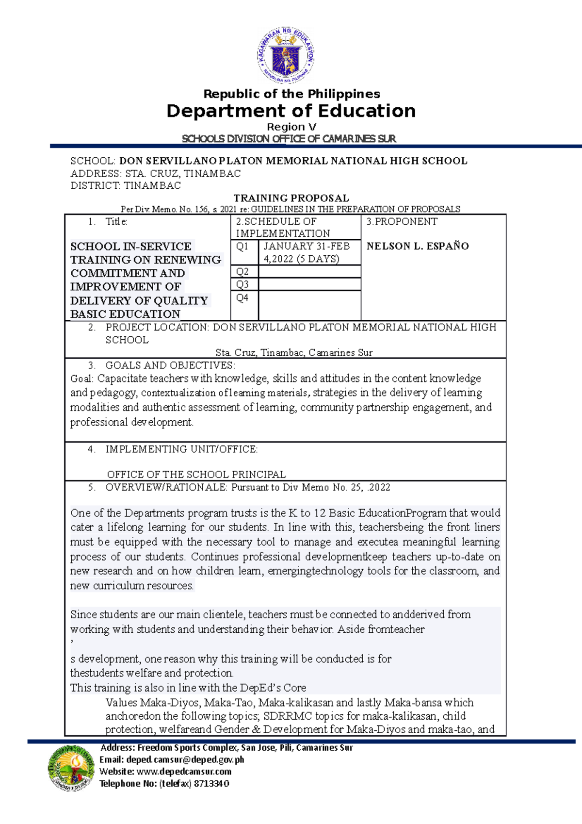 Activity Proposal for School In-Service Training on Quality Education ...