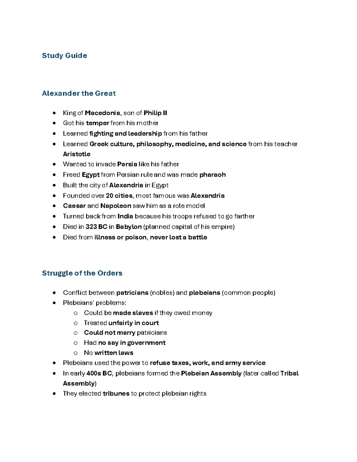 Study Guide: Alexander the Great & Roman History (Doc 46 - 33e) - Studocu