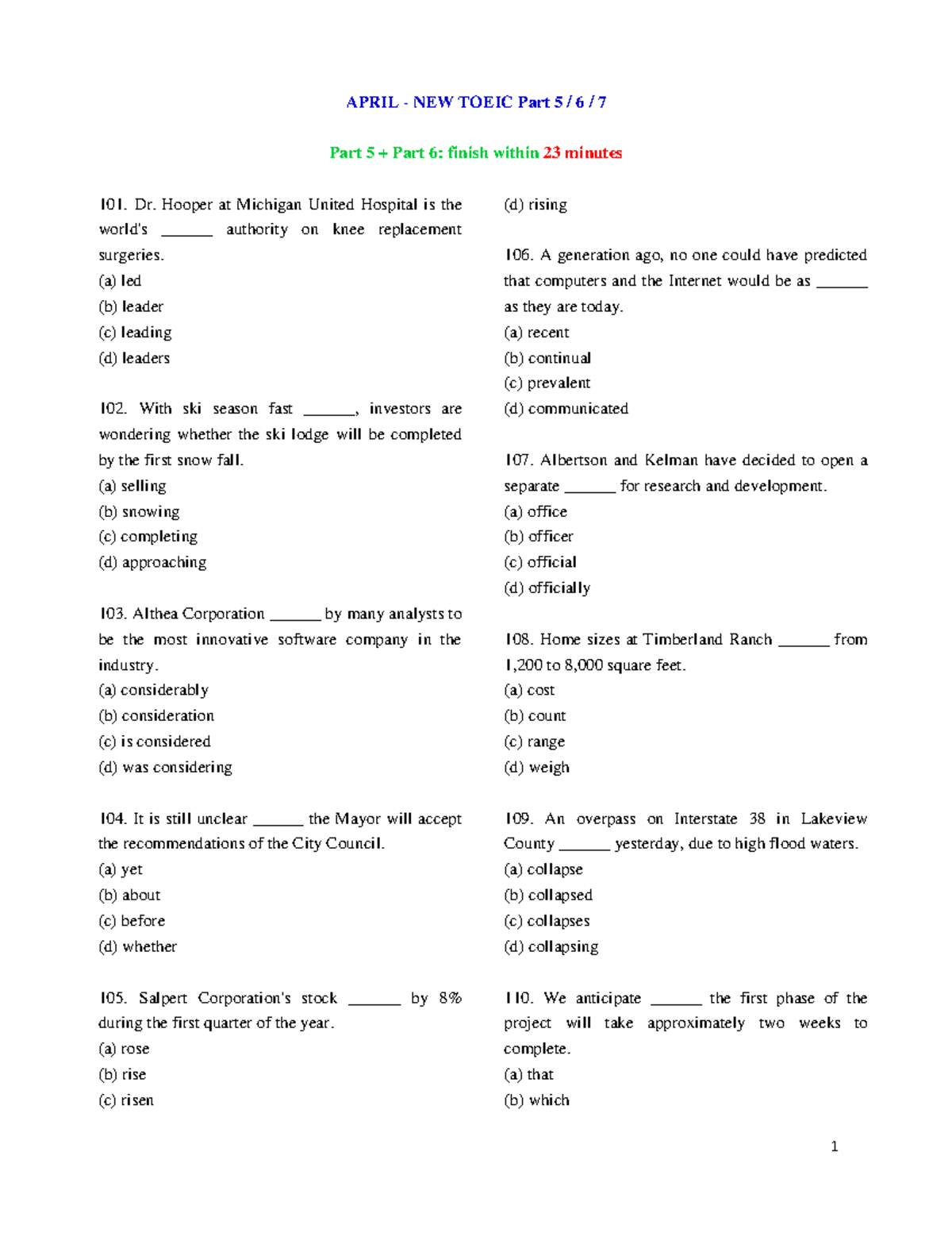 2009-04-F: Sample Test for New TOEIC Parts 5, 6, and 7 - Studocu