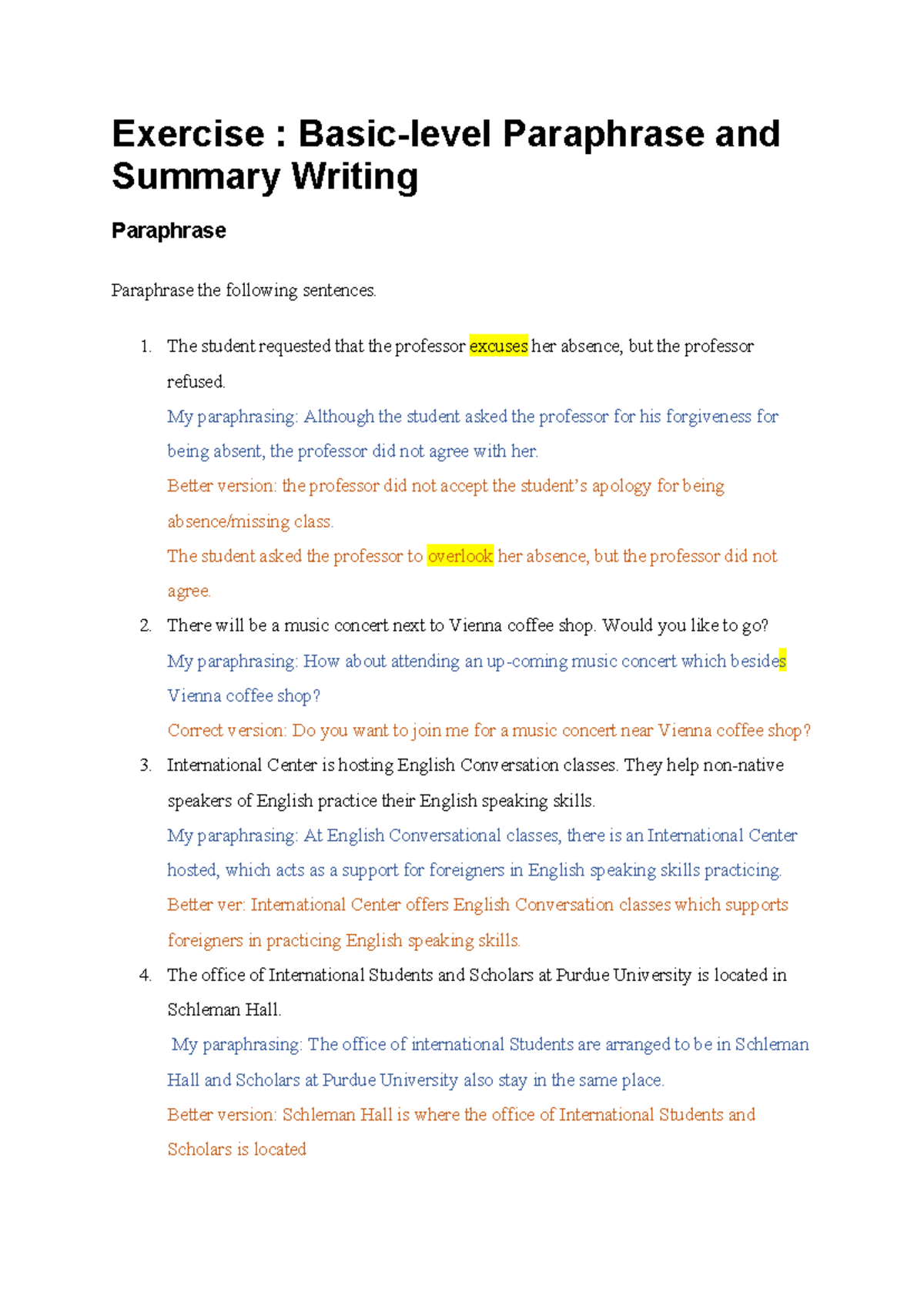 Paraphrasing Exercise: Strategies for Effective Summary Writing - Studocu