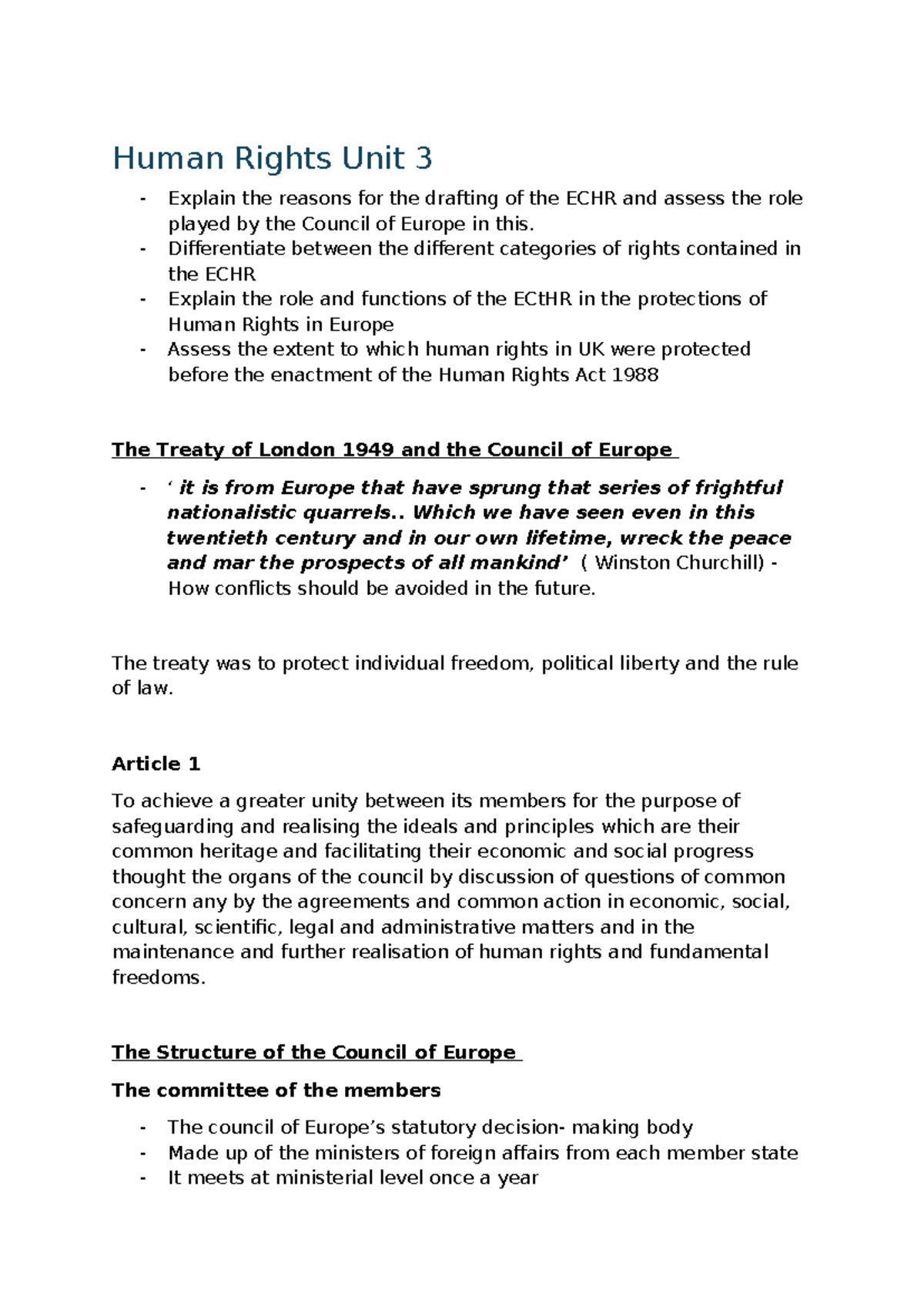 Human Rights Unit 3: ECHR Drafting, Council of Europe Role & UK ...