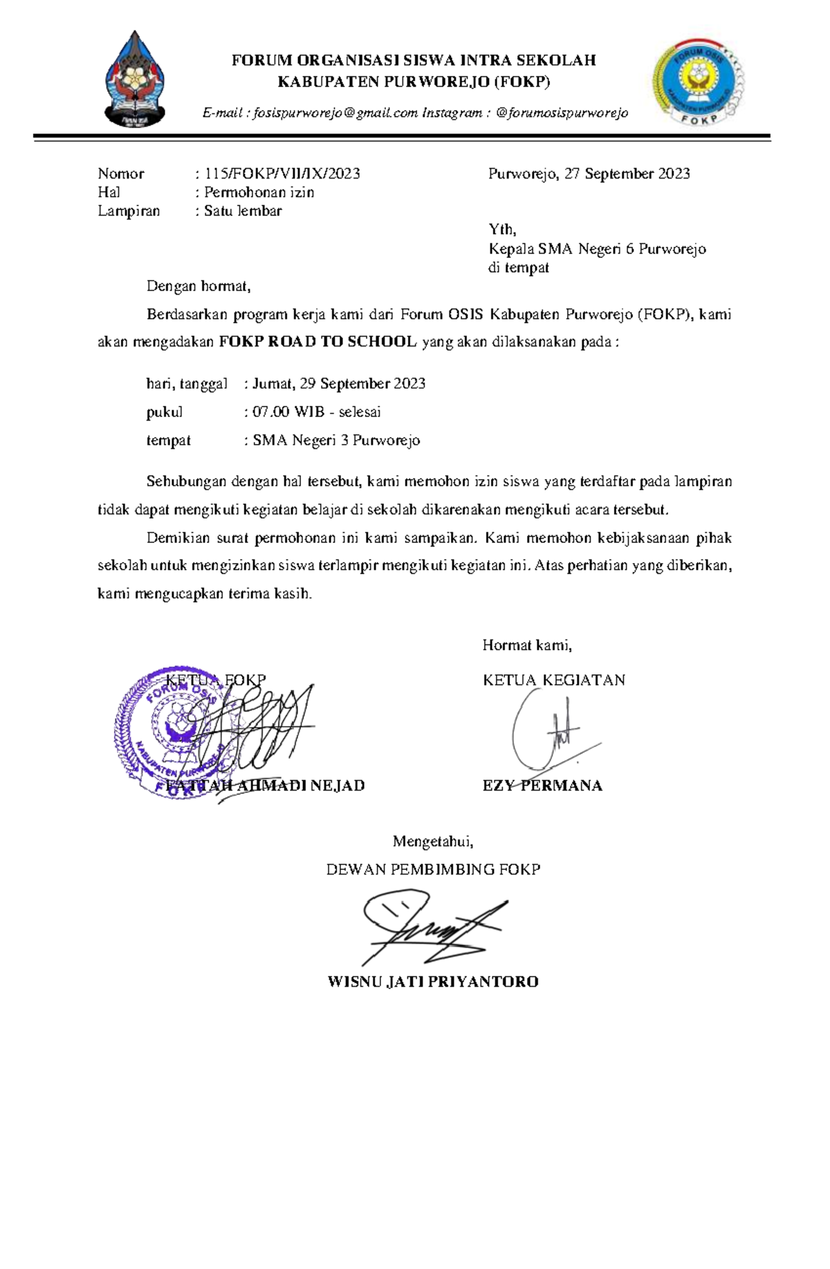 Permohonan Izin Kegiatan FOKP - 29 Sept 2023 - SMA Negeri 6 Purworejo ...