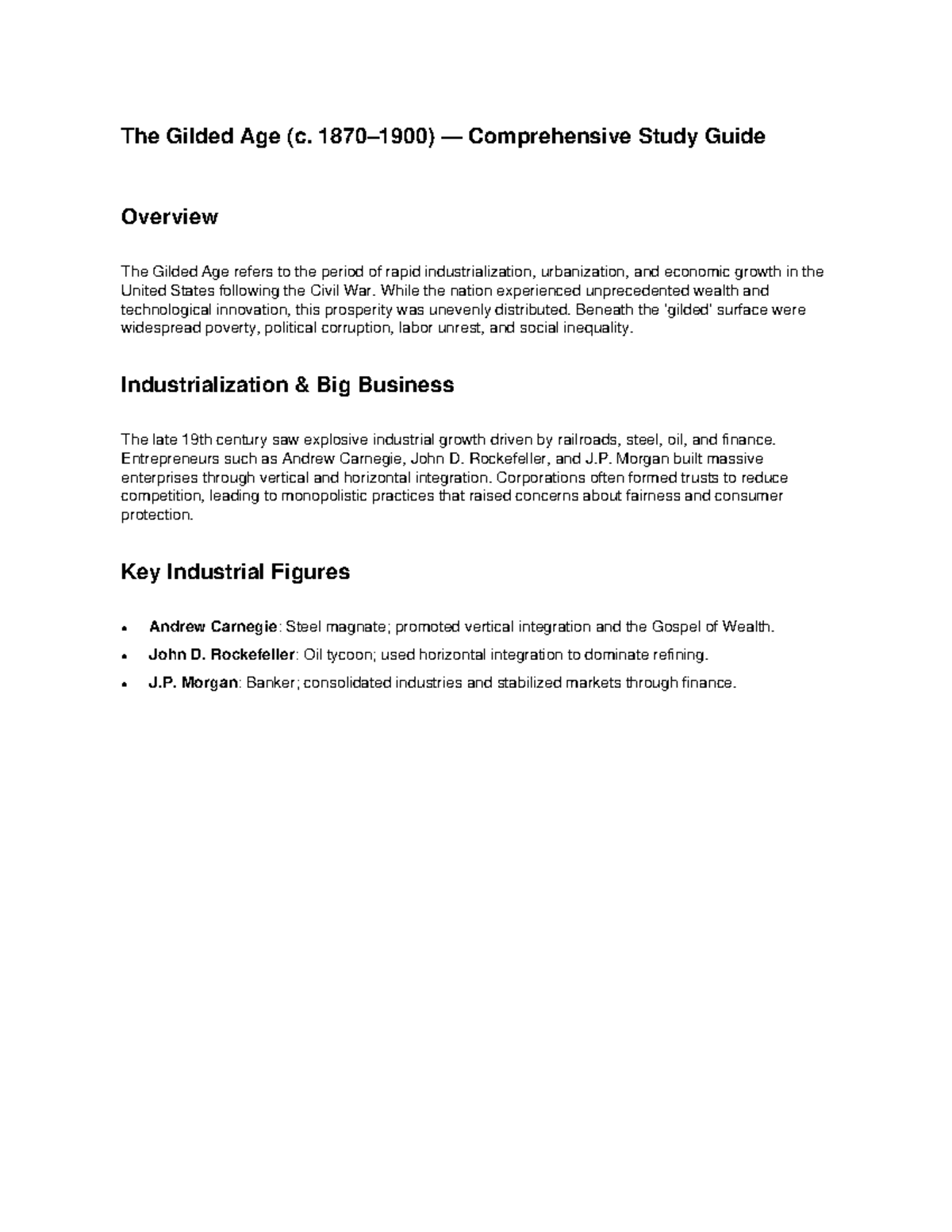 Gilded Age (HIST 101) Comprehensive Study Guide Overview - Studocu
