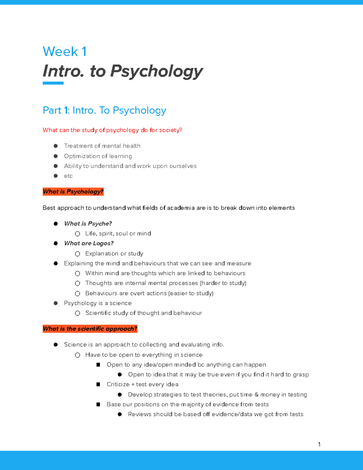 Week 1 Lecture Notes: Introduction to Psychology (PSY101) - Studocu