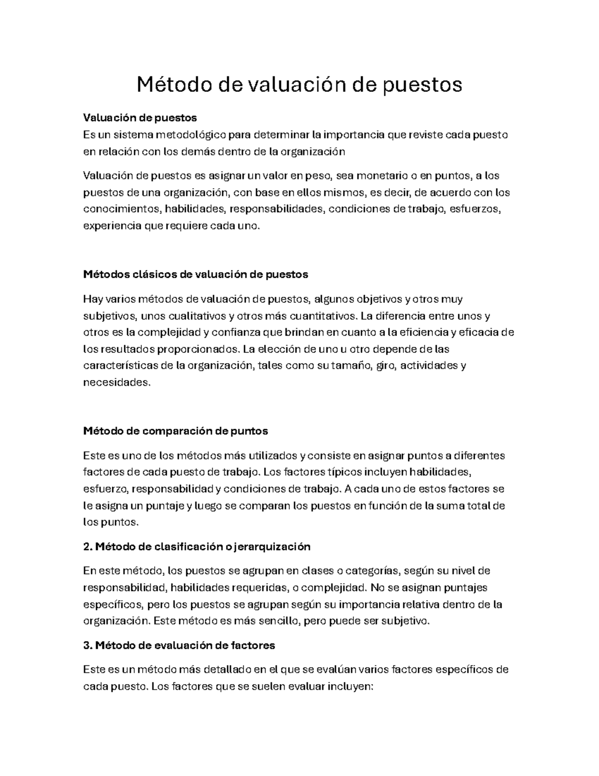 Método de Valuación de Puestos: Análisis y Comparación de Métodos - Studocu