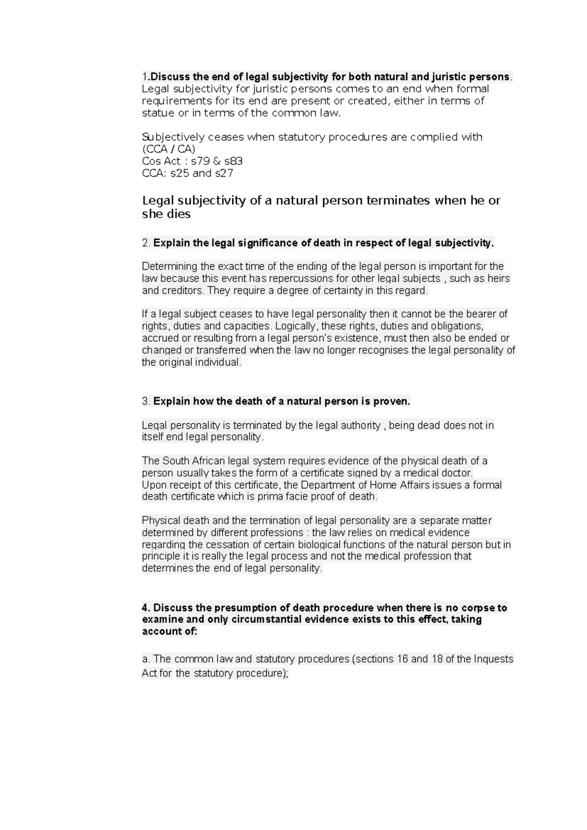 END OF LEGAL SUBJECTIVITY: Natural & Juristic Persons Explained - Studocu
