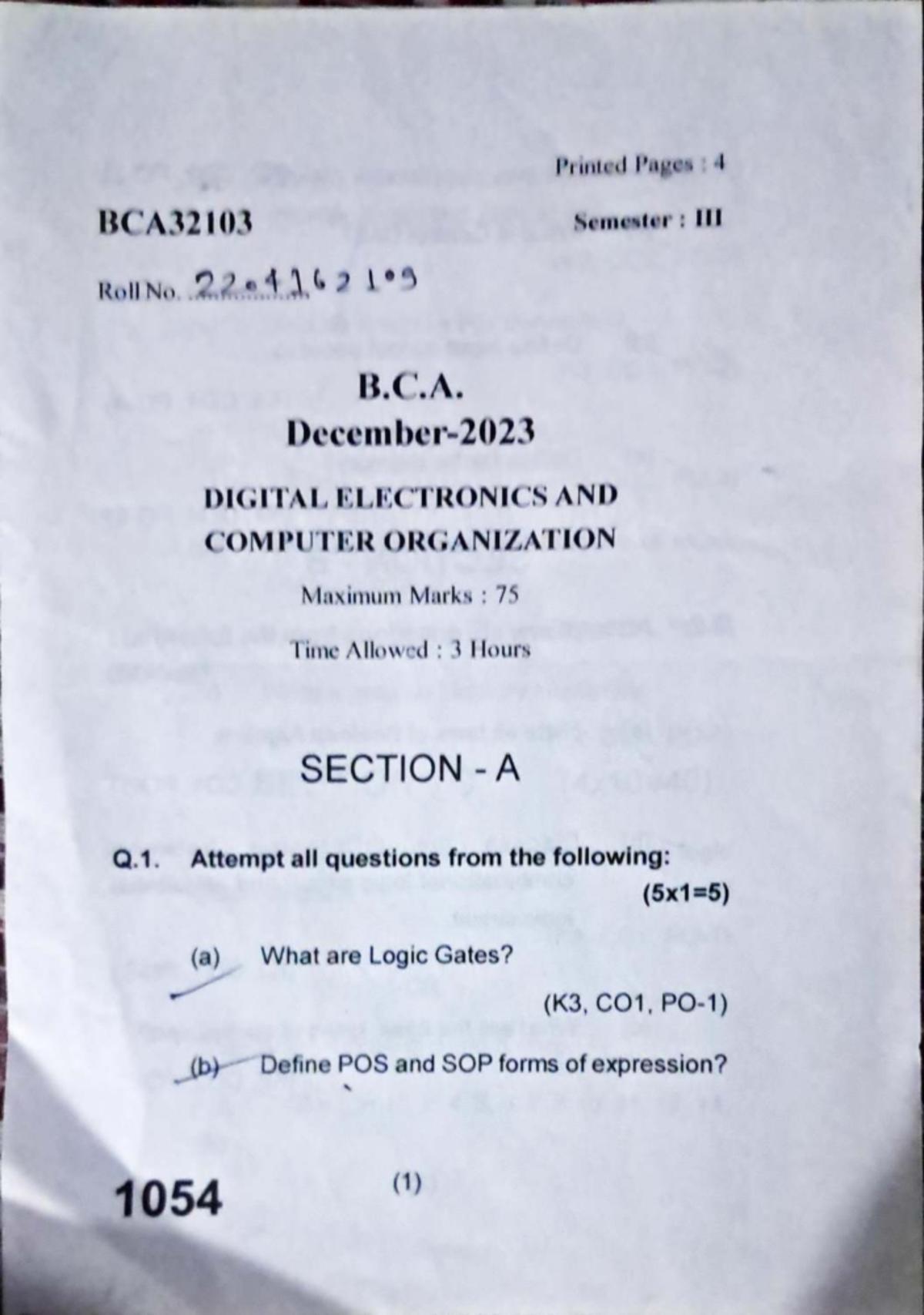 BCA32103 3rd Sem Main Exam Question Paper: Digital Electronics ...