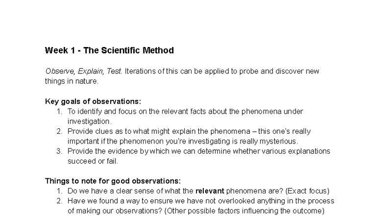 HSI1000 Summary - Week 1 - The Scientific Method Observe, Explain, Test ...