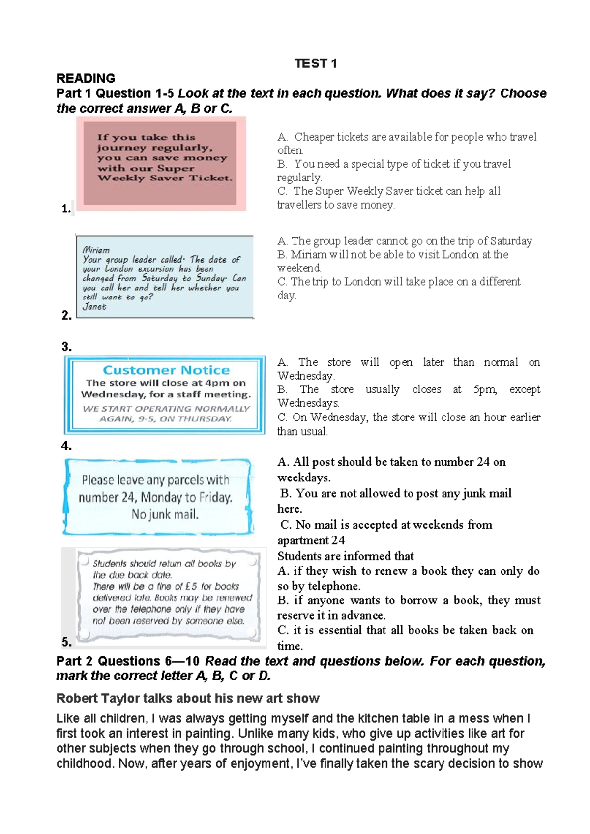 Test 123 - Reading and Listening Practice Questions - Studocu