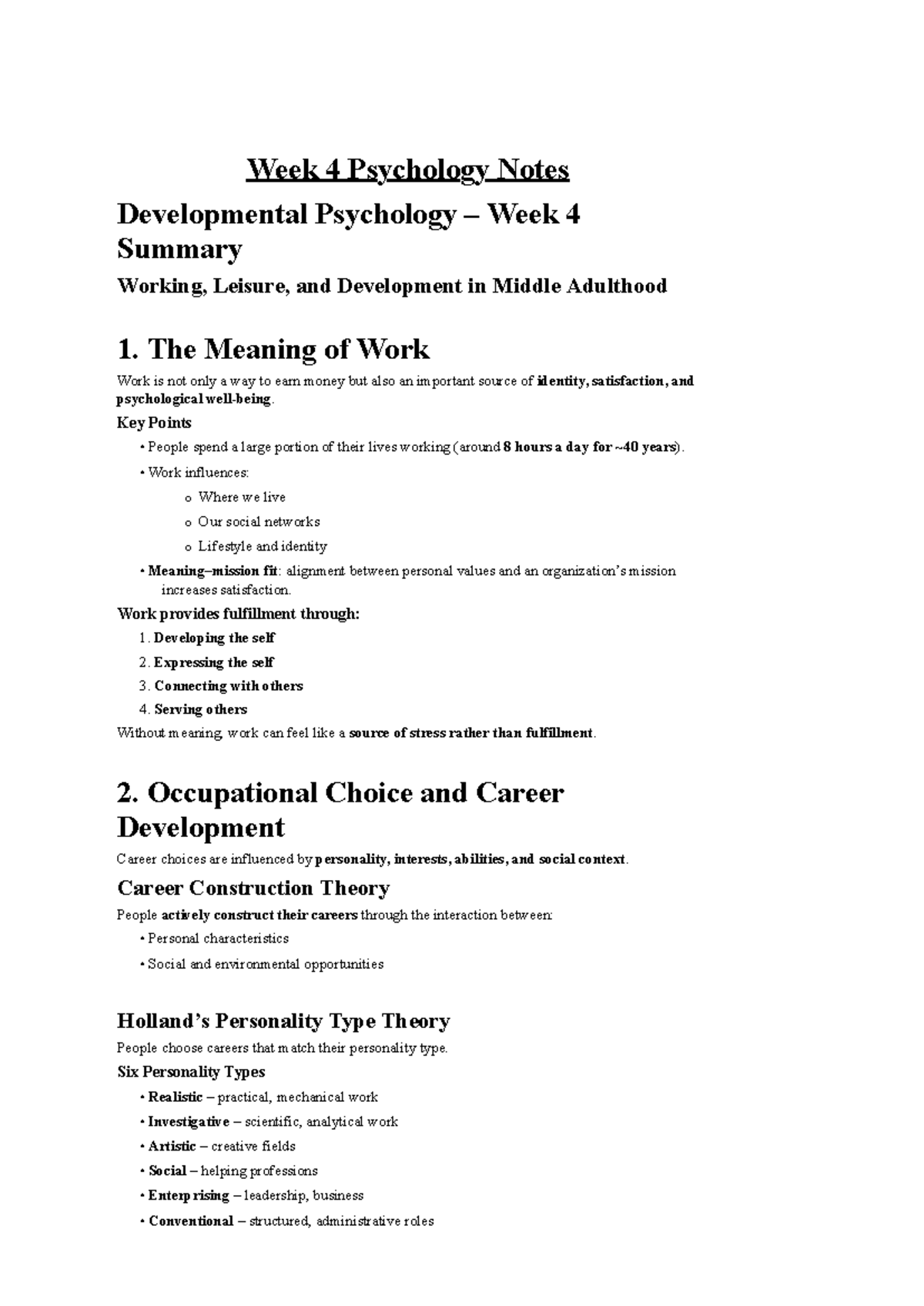 PSY 201: Week 4 Developmental Psychology Notes on Work & Leisure - Studocu