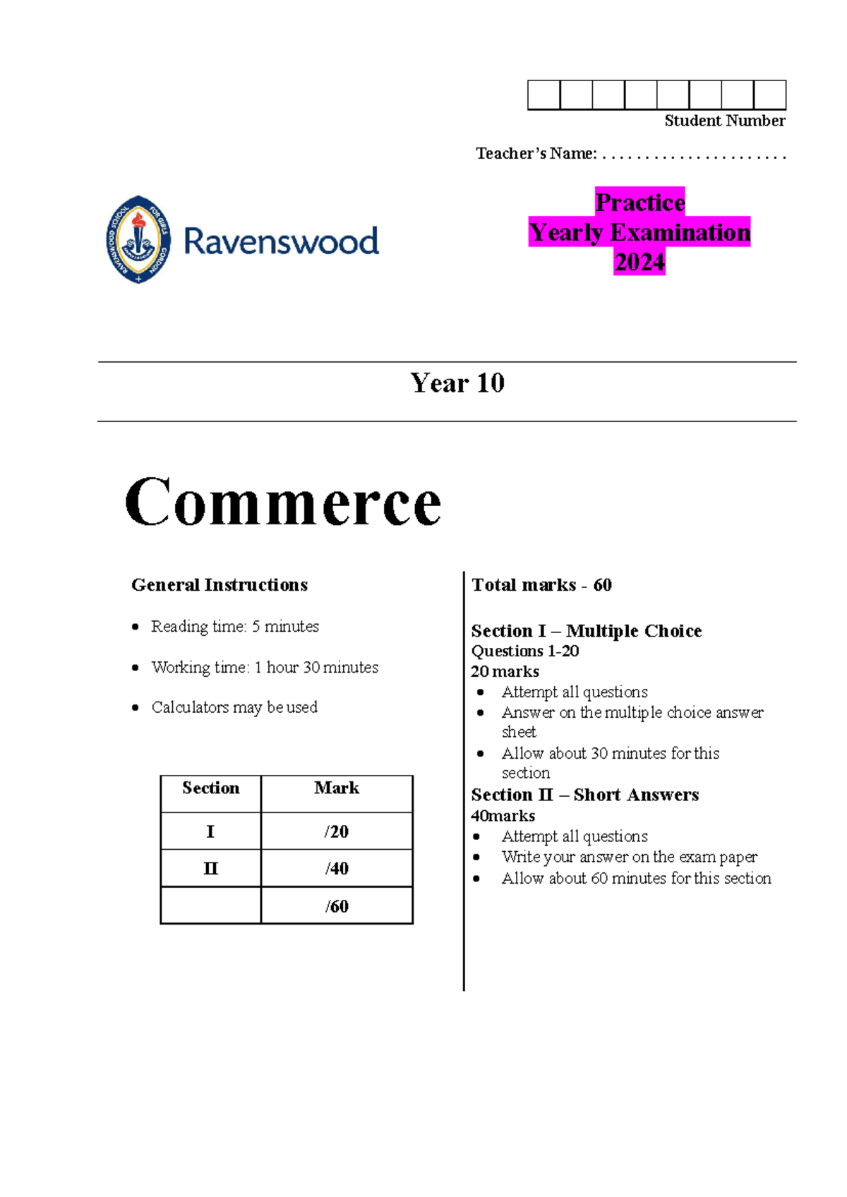 Year 10 Commerce 2024 Practice Exam – Multiple Choice & Short Answer ...
