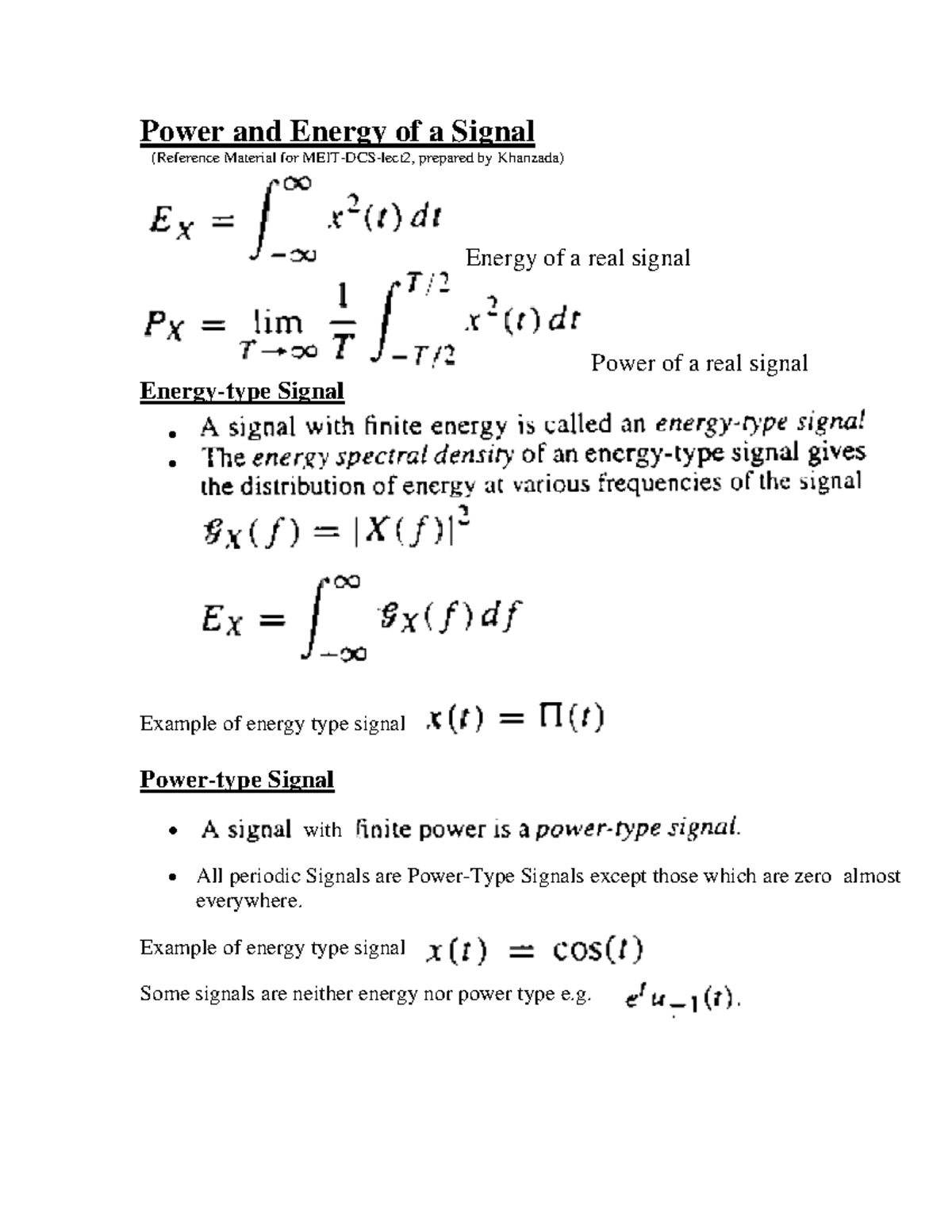 Power and Energy of Signals: Reference Material for EE 101 - Studocu