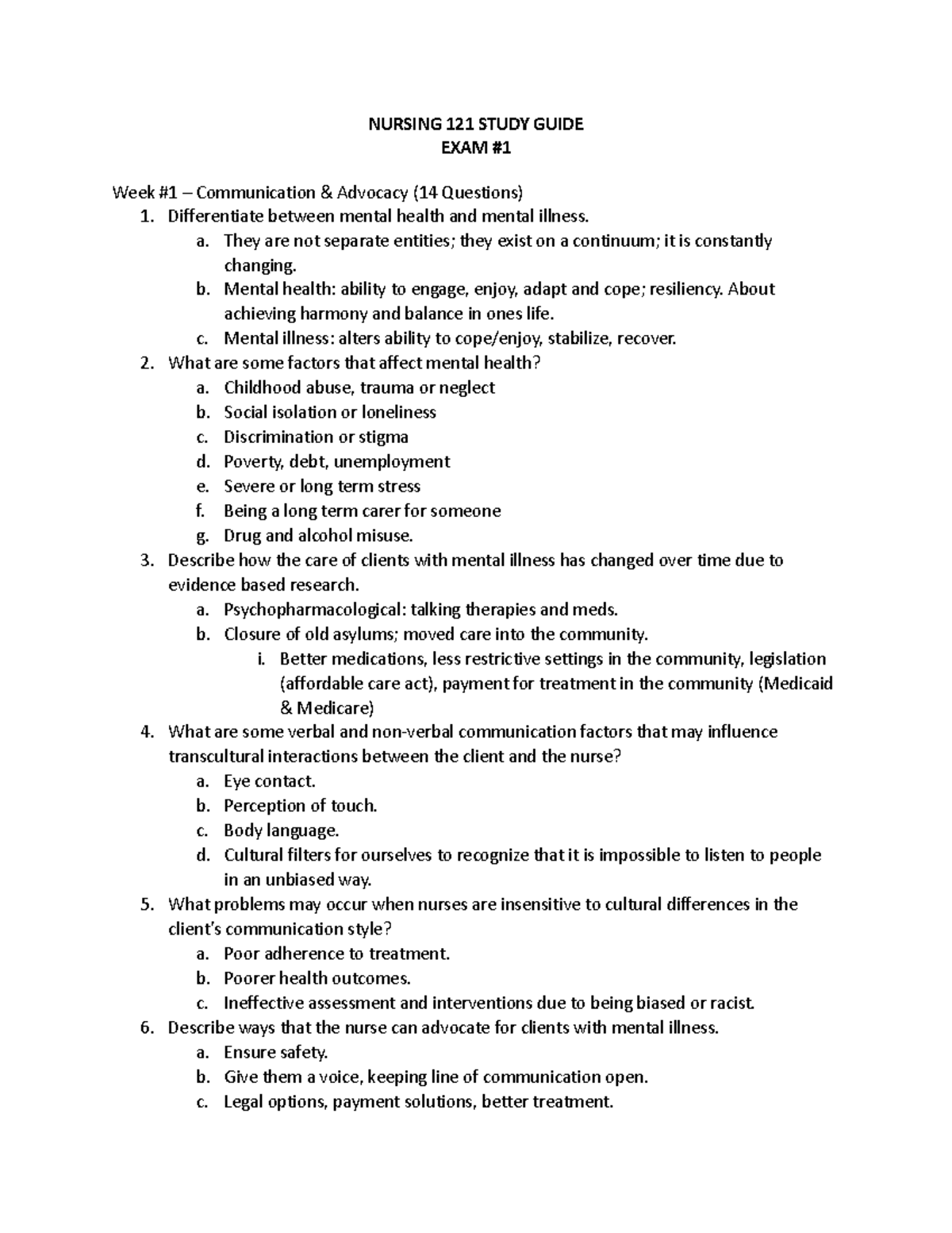 Exam 1 Study Guide - NURSING 121 STUDY GUIDE EXAM Week #1 ...
