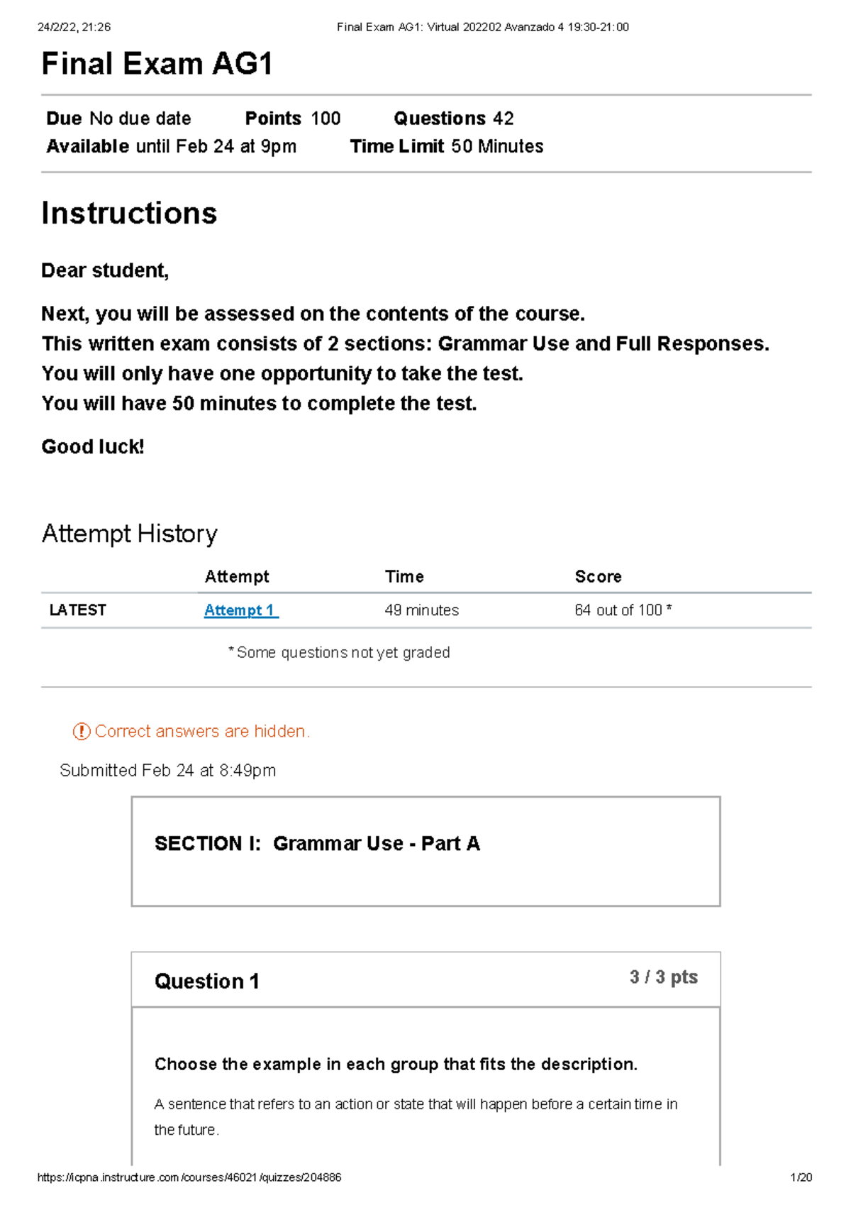 AG1 - Final Exam 202202: Grammar Use Assessment Questions and ...