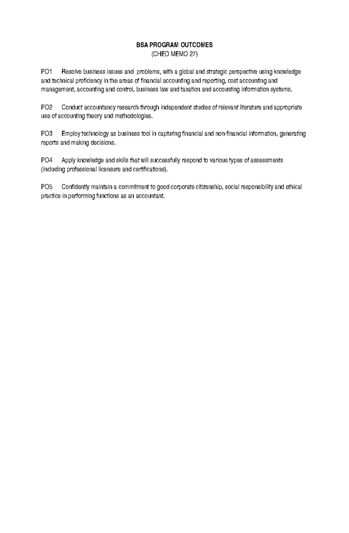 BSA Program Outcomes: Key Competencies for Accountancy Success - Studocu