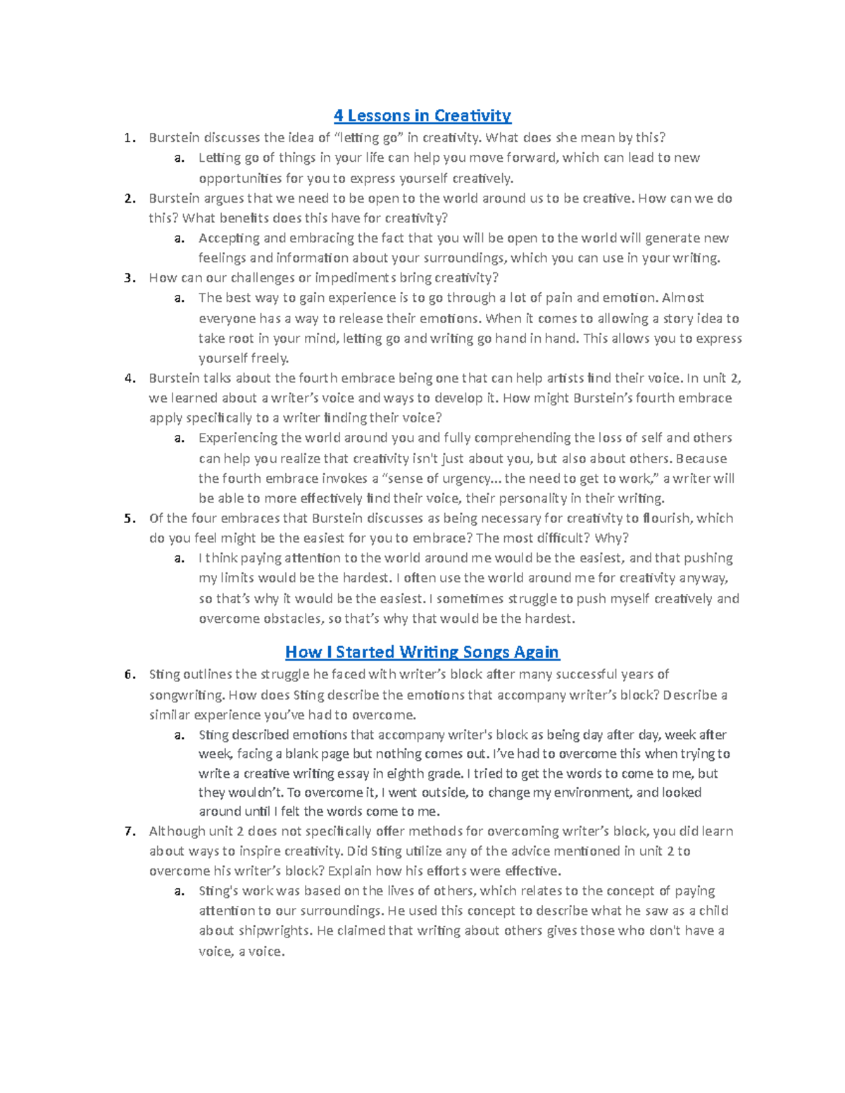 Creative Writing Unit 2 Lab - 4 Lessons in Creativity Burstein ...