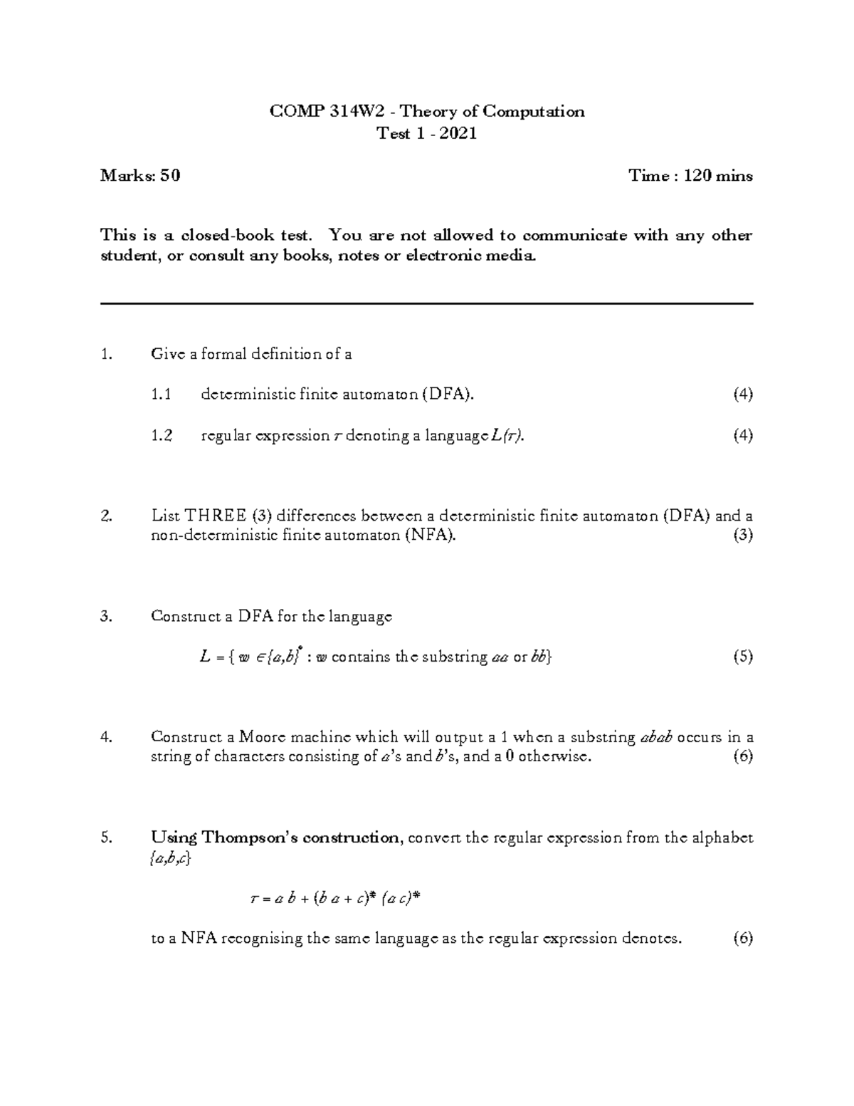 COMP 314W2 Theory of Computation Test 1 Past Paper 2021 - Studocu