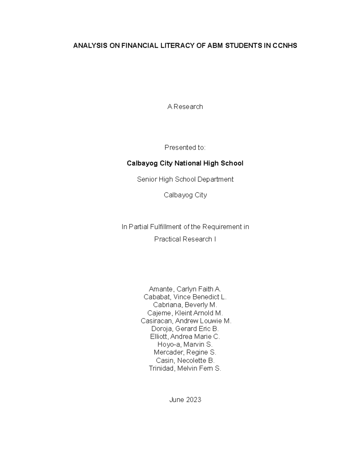 Analysis of Financial Literacy Among ABM Students at CCNHS - Studocu