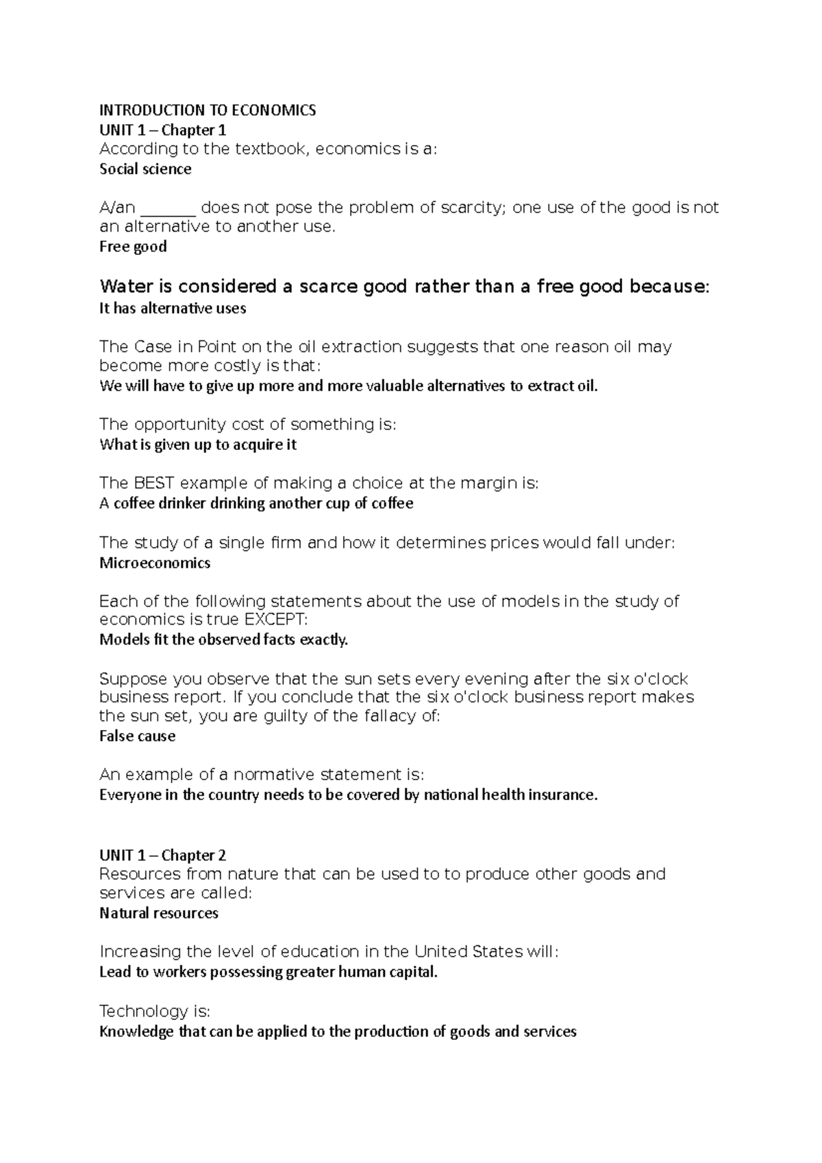 TEST Questions - ECON 101 Intro to Economics Unit Review - Studocu