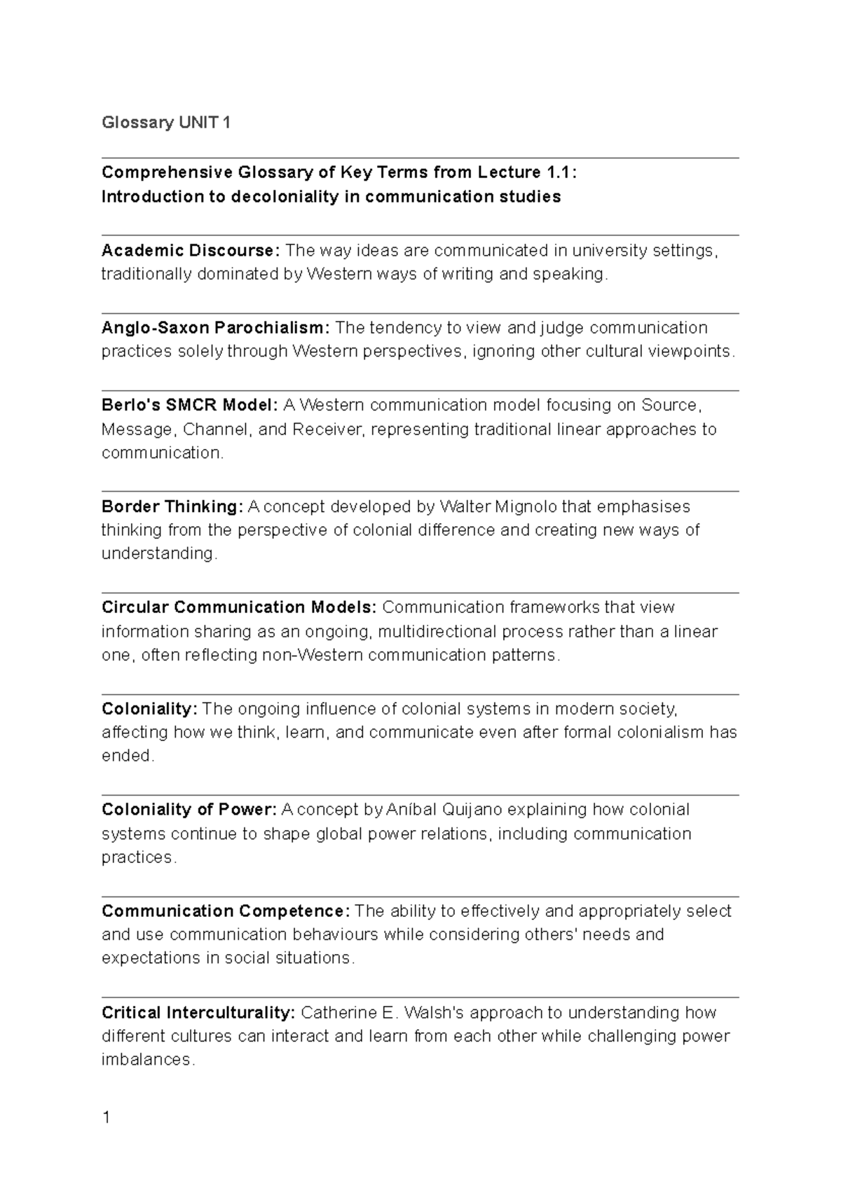 Glossary UNIT 1: Key Terms from Decolonial Communication Studies - Studocu