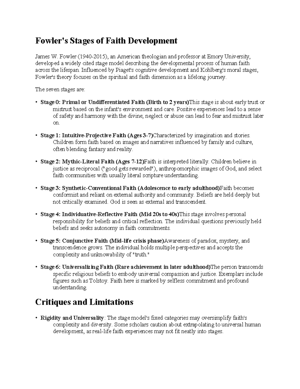 Fowler's Stages of Faith Development: Insights & Critiques - Studocu