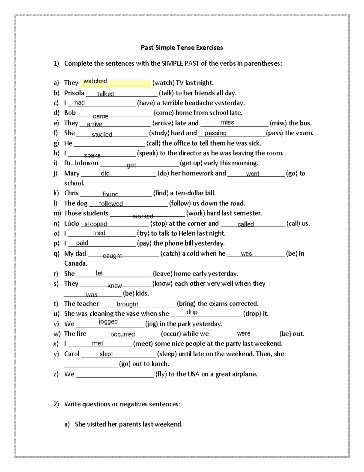 ENG 101 - Past Simple Tense Exercises and Practice - Studocu