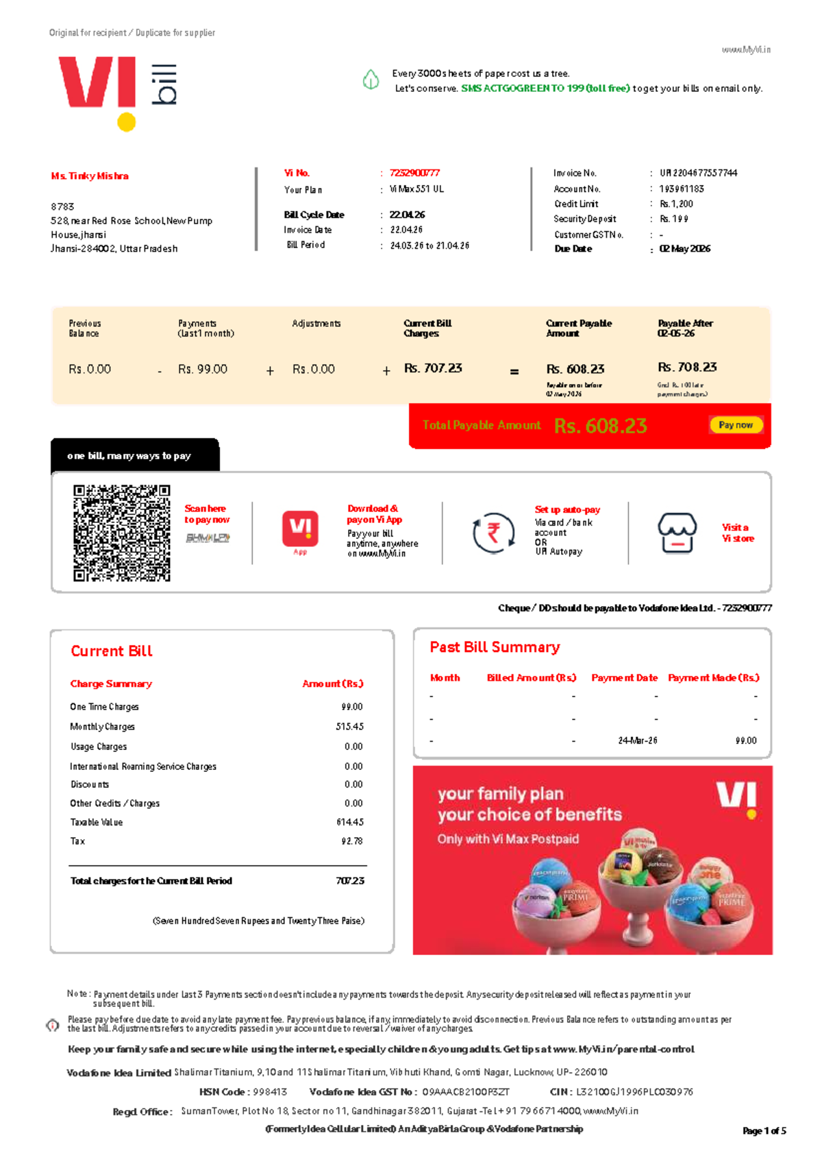 VIL Bill Statement for Account 7232900777 - April 2026 - Studocu