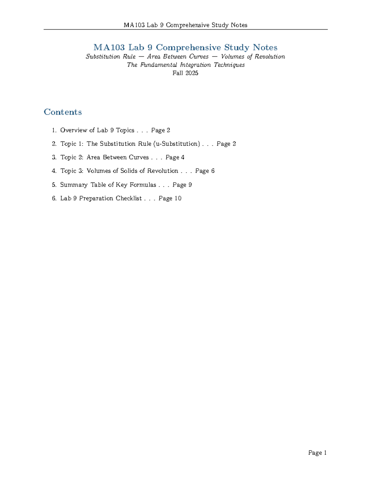 MA103 Lab 9 Study Notes: Integration Techniques & Applications - Studocu