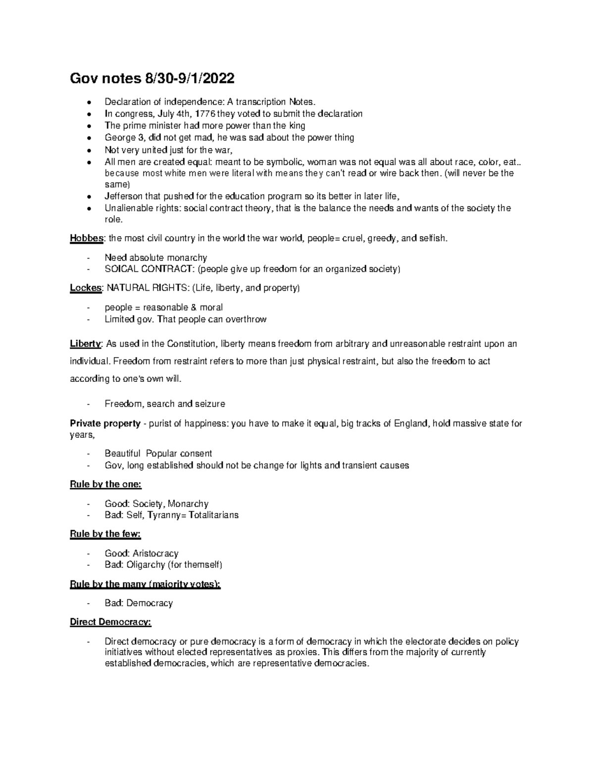 Gov1 Class Notes: Key Concepts from 8/30 to 9/1 Discussion - Studocu