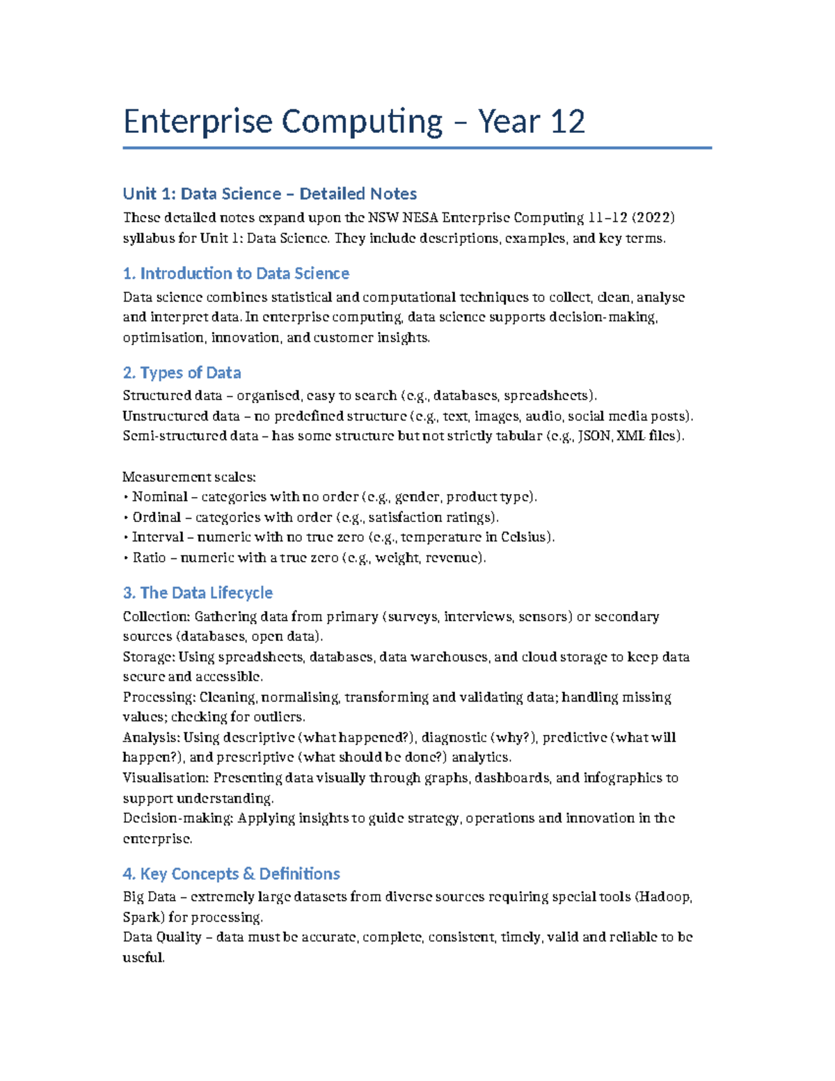 Enterprise Computing Year 12 Unit 1: Comprehensive Data Science Notes ...