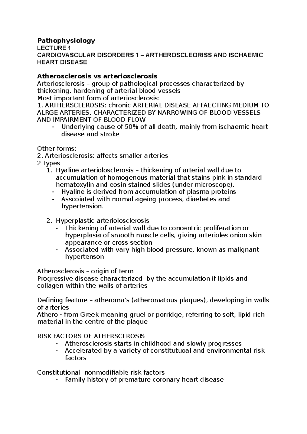 Cardiovascular Disorders Lecture Notes (CCM 101) - Atherosclerosis ...