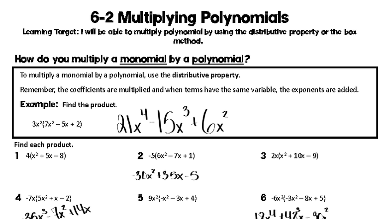 6-2 Multiplying Polynomials: Distributive & Box Methods Notes - Studocu